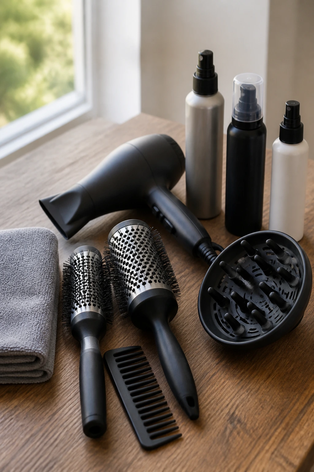 Close-up of essential gray hair styling tools arranged on a wooden surface.