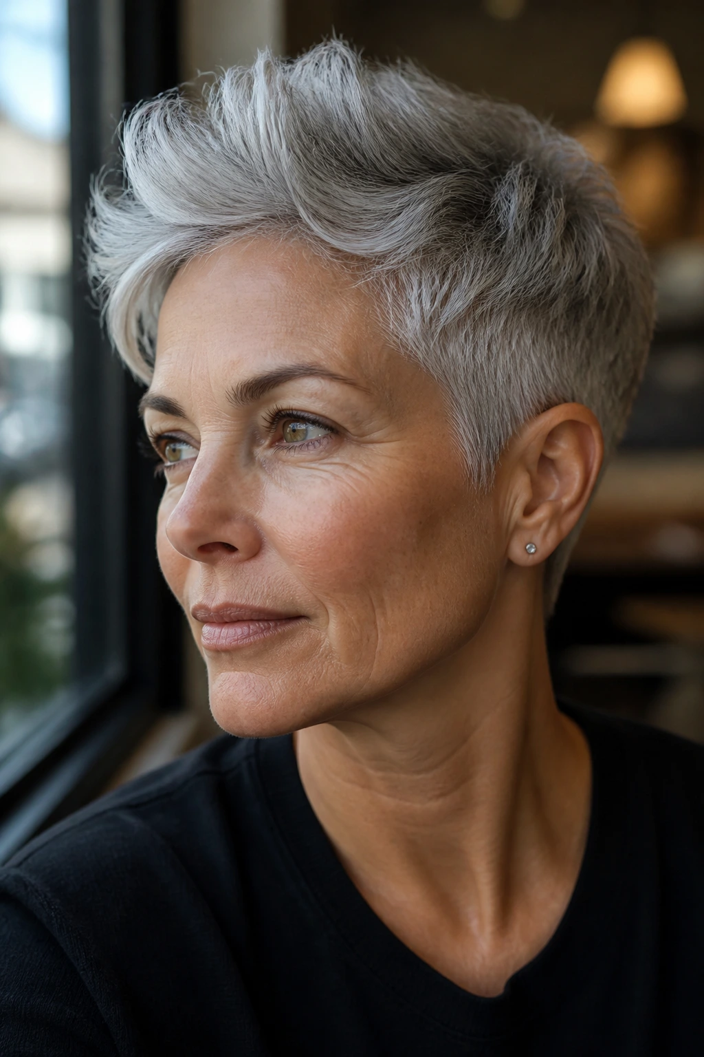 Close-up of real person with a tapered crop and longer top in gray hair