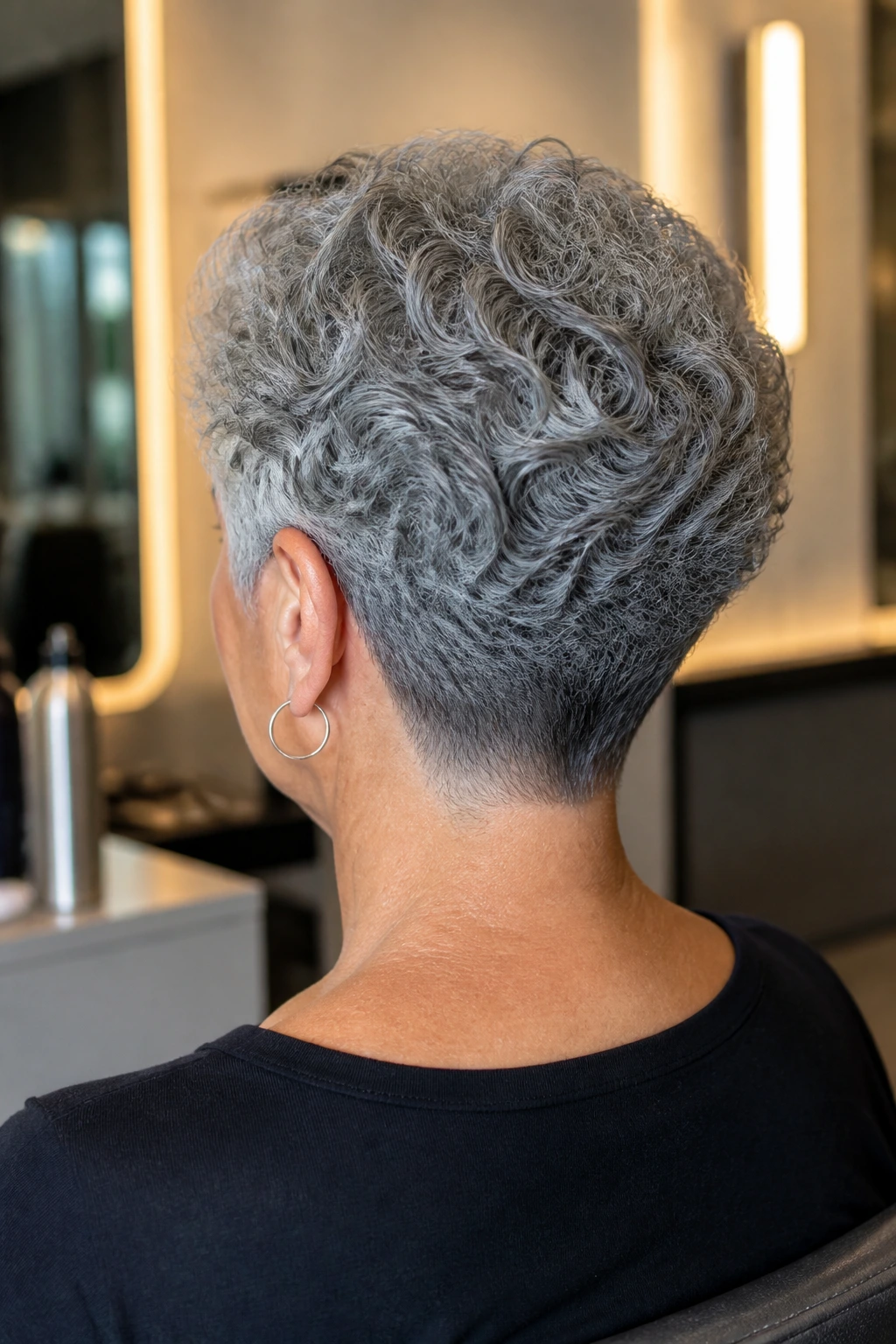 Back-of-head view of a gray-haired woman with a tapered nape cut in a salon