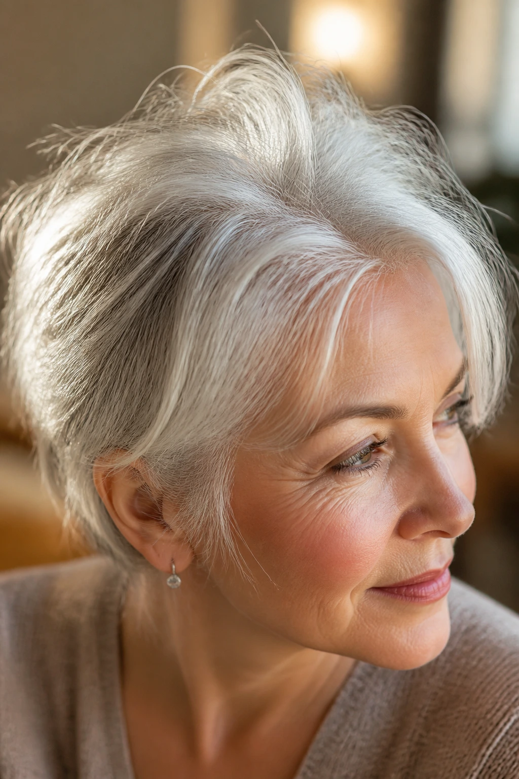 Close-up portrait of a real woman with textured silver-gray hair and crown detail
