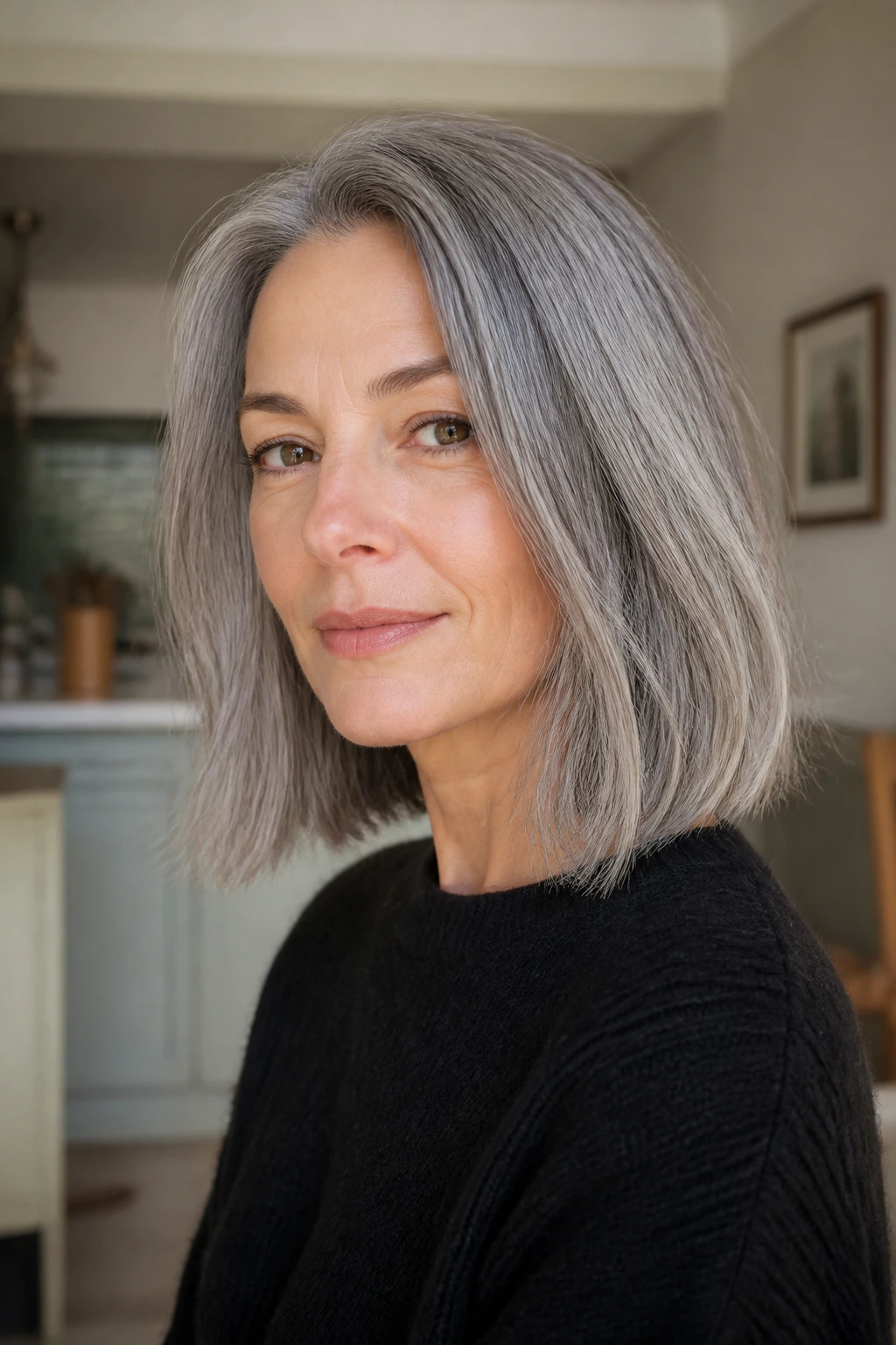 Portrait of a gray-haired person with medium-length hair showing multiple textures