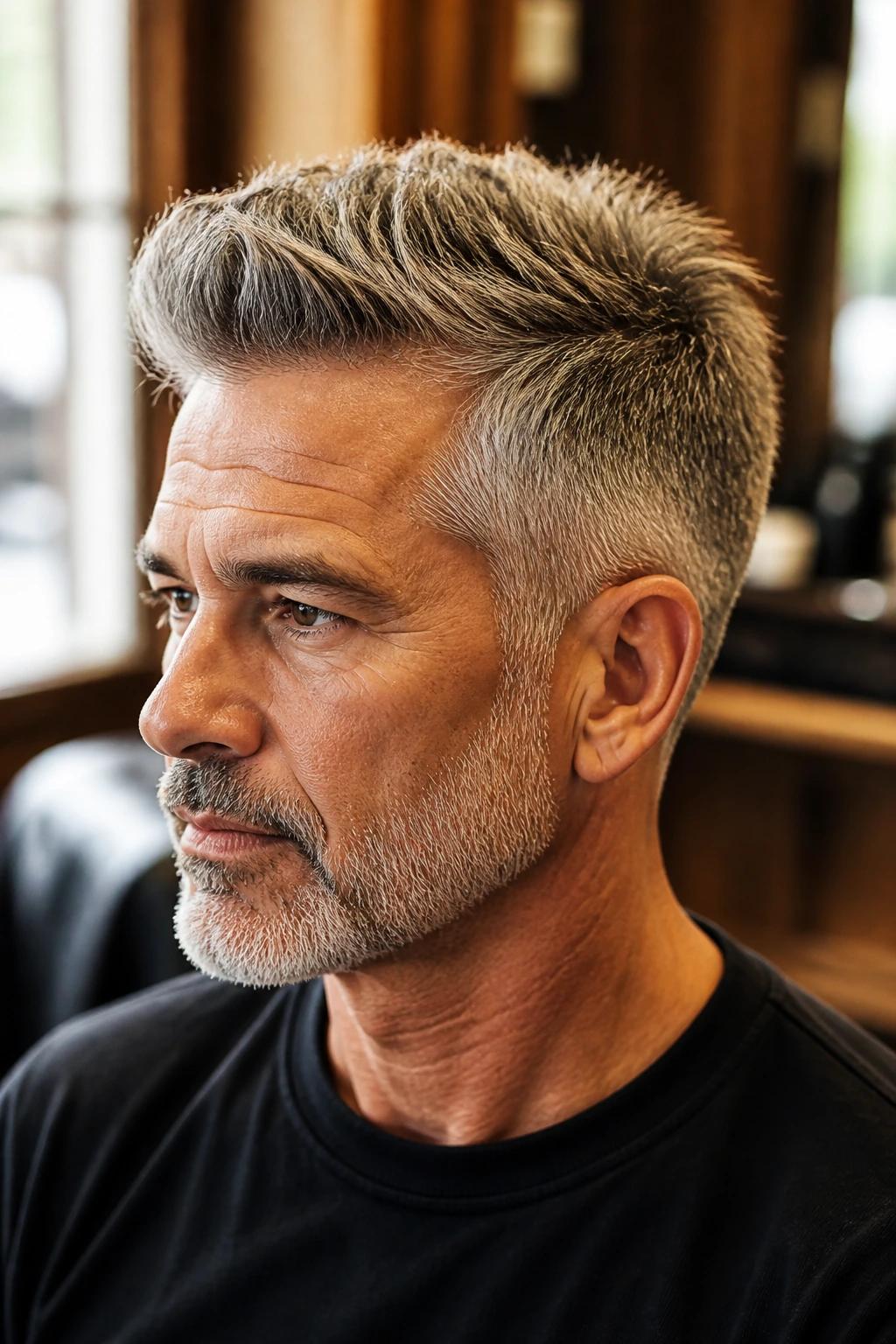 Close-up of a man with textured gray hair in a barber-like setting.