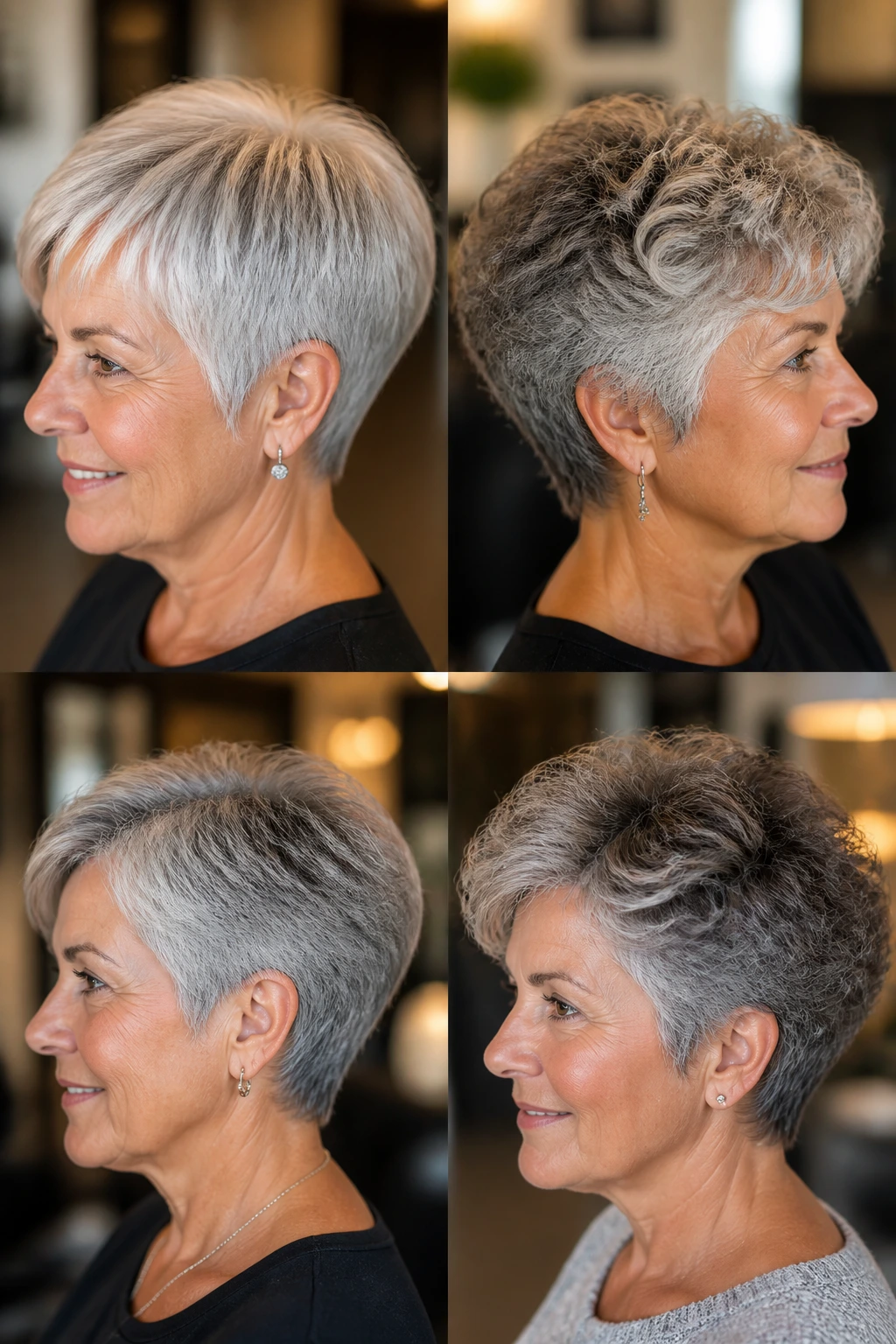 Portrait showing texture variation in short gray hair for fine curly thick transitional types