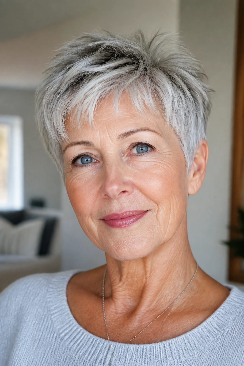 Close-up portrait of a real woman with a textured gray crop and piecey top layers.
