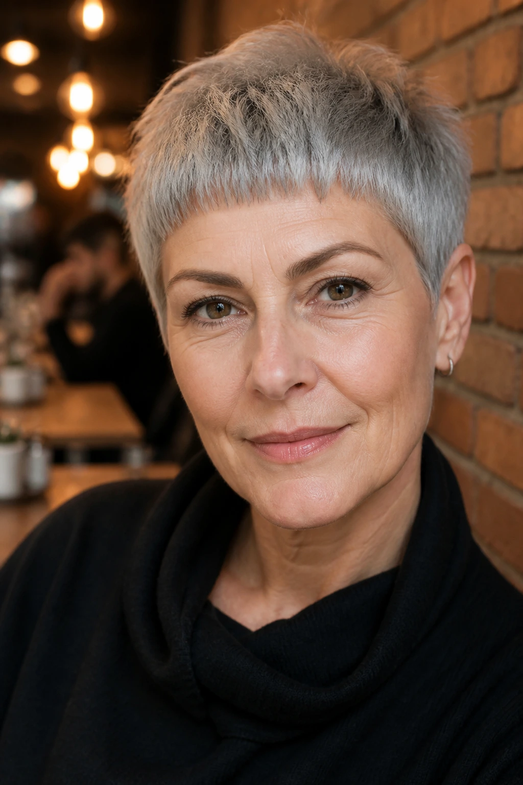 Close-up of a real woman with a textured gray crop and micro bangs in cafe lighting