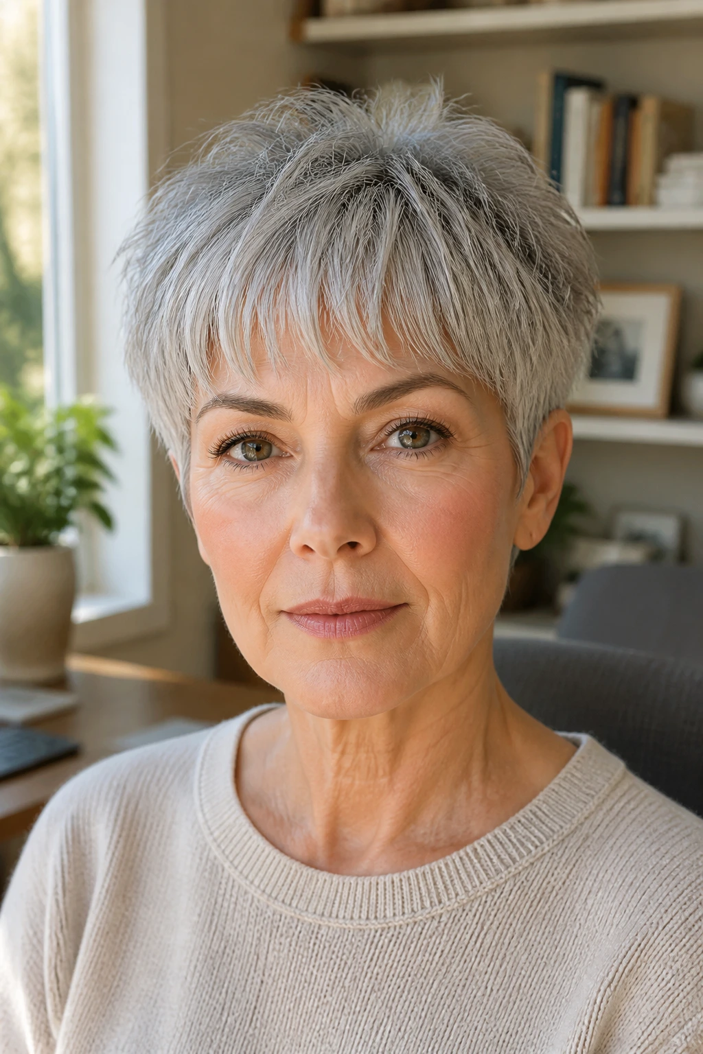 Close-up of a real woman with a textured gray crop and soft fringe