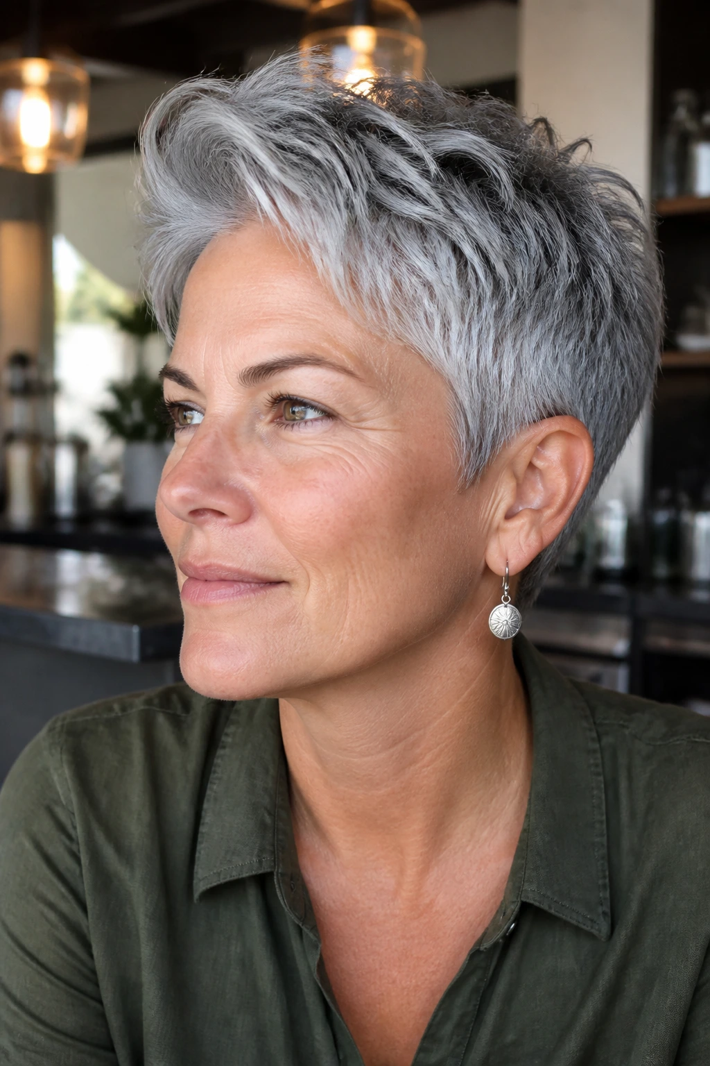 Close-up portrait of a real woman with a short textured crop and a longer top in gray hair