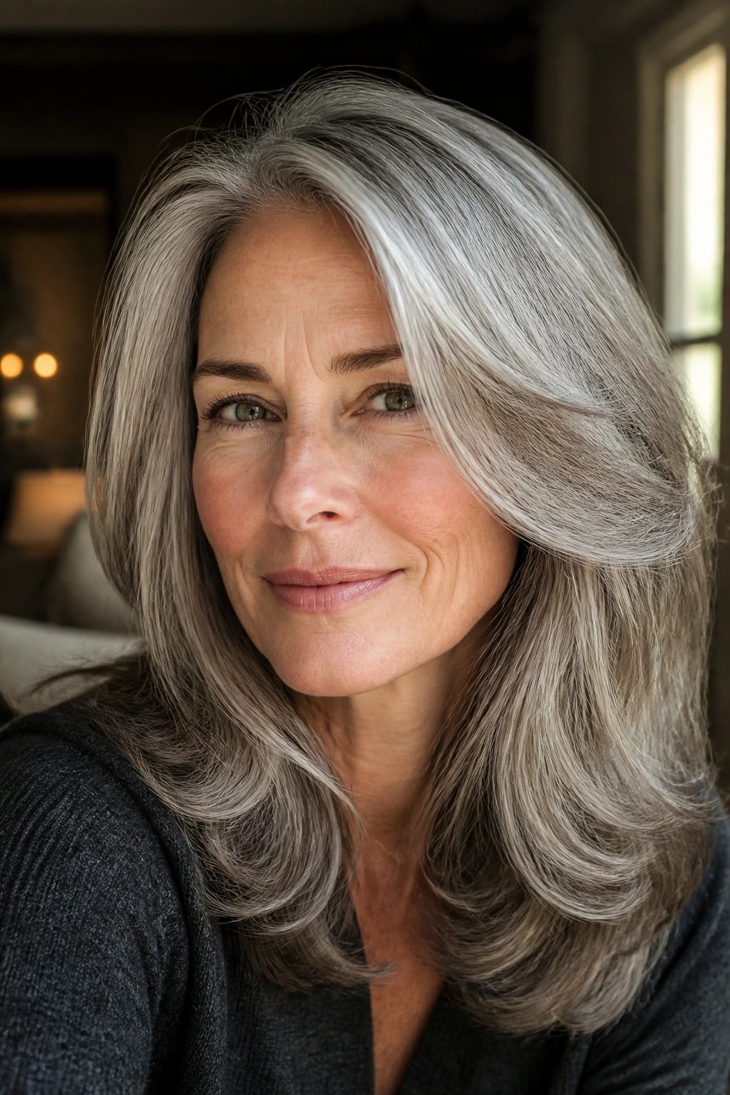Close-up portrait of a real person with thick gray hair styled to maximize body and shine