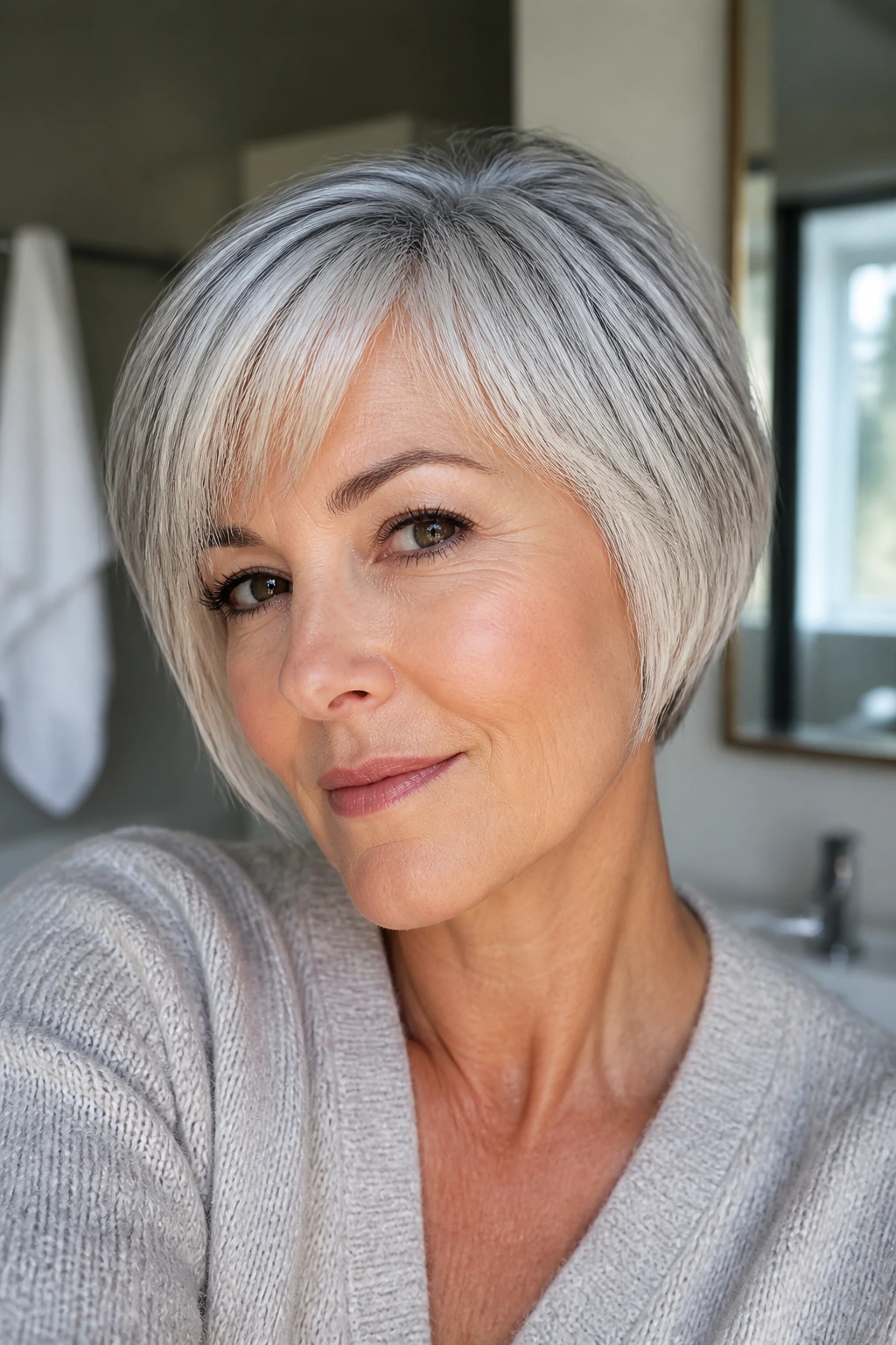 Close-up of a real woman with a short silver bob highlighting gray tones and gloss/matte finishes