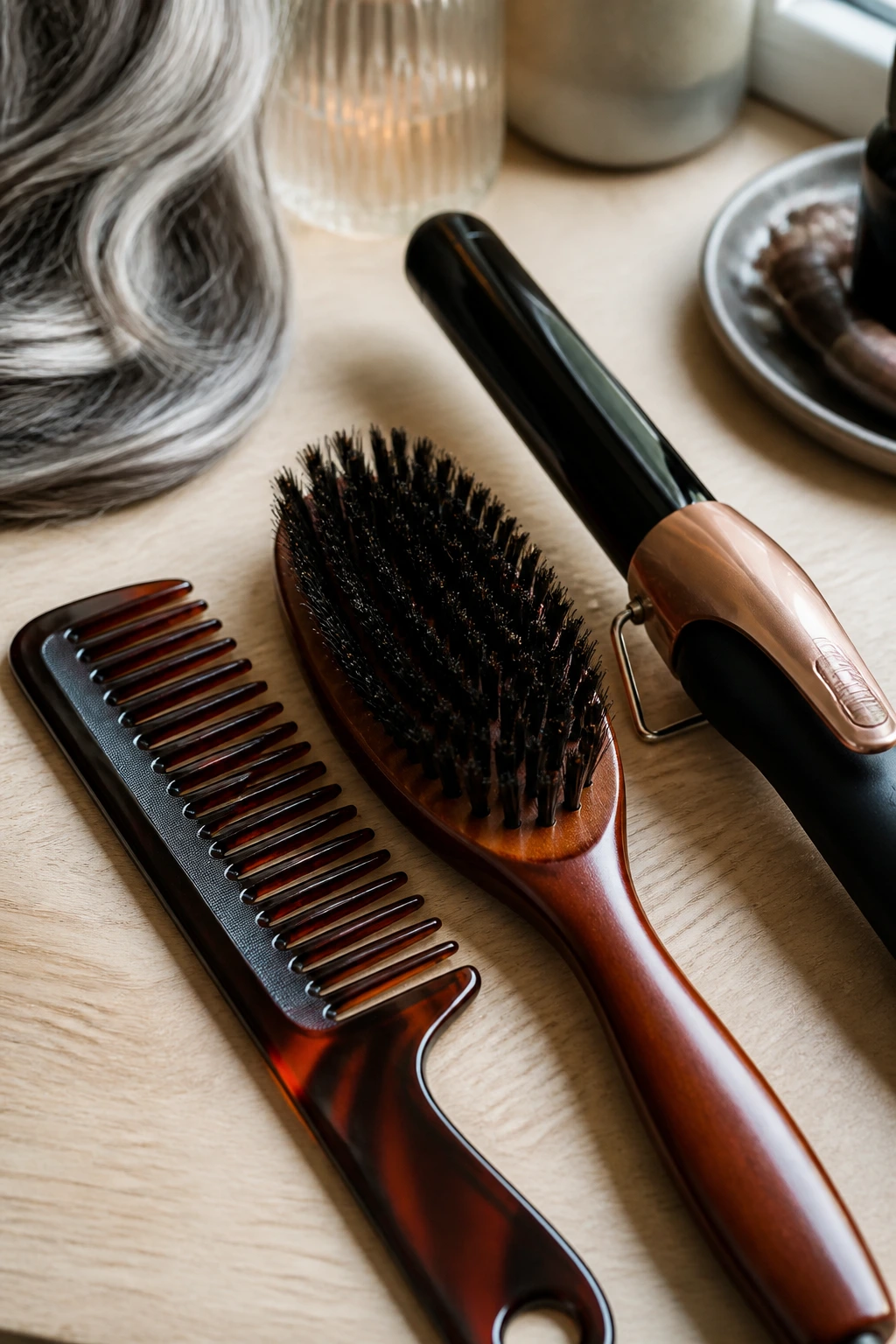Close-up of essential gray hair styling tools arranged on a wooden surface.