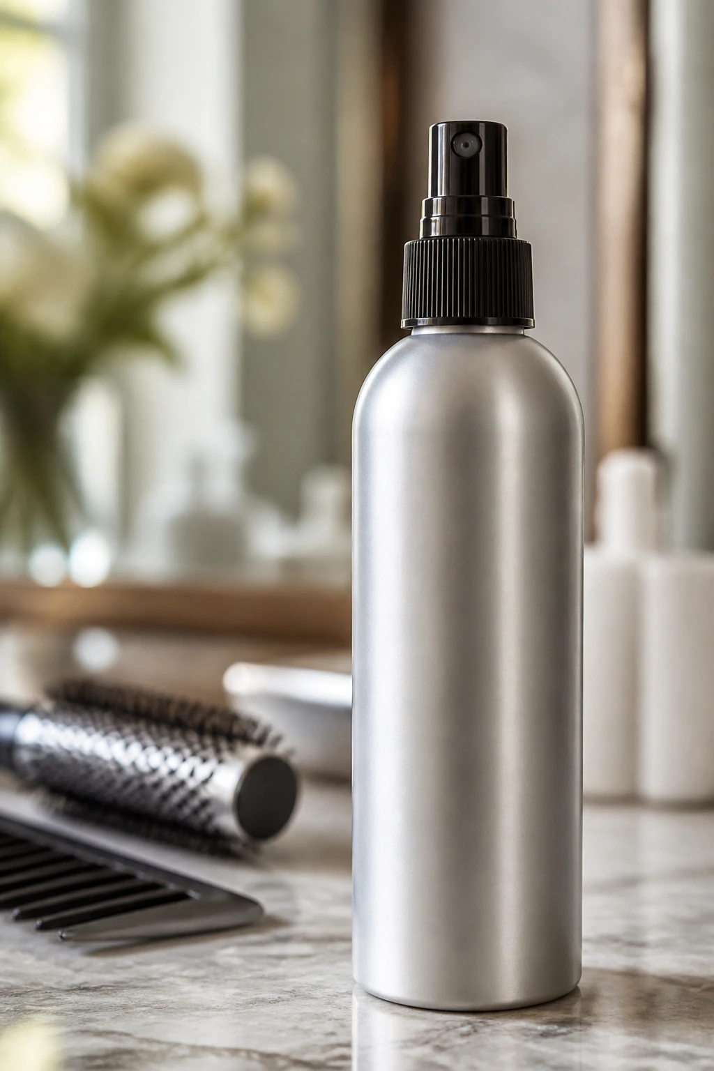 Close-up of a heat protectant spray bottle for gray hair on a bathroom counter
