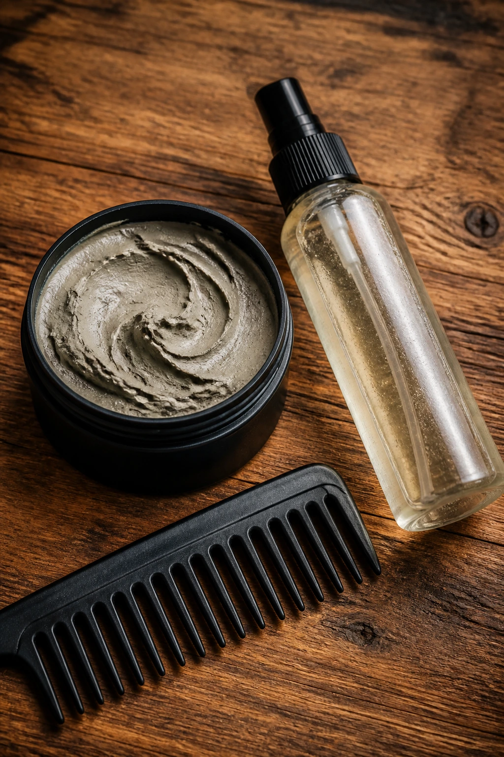 Flat lay of matte clay, sea salt spray, and wide-tooth comb on wood.