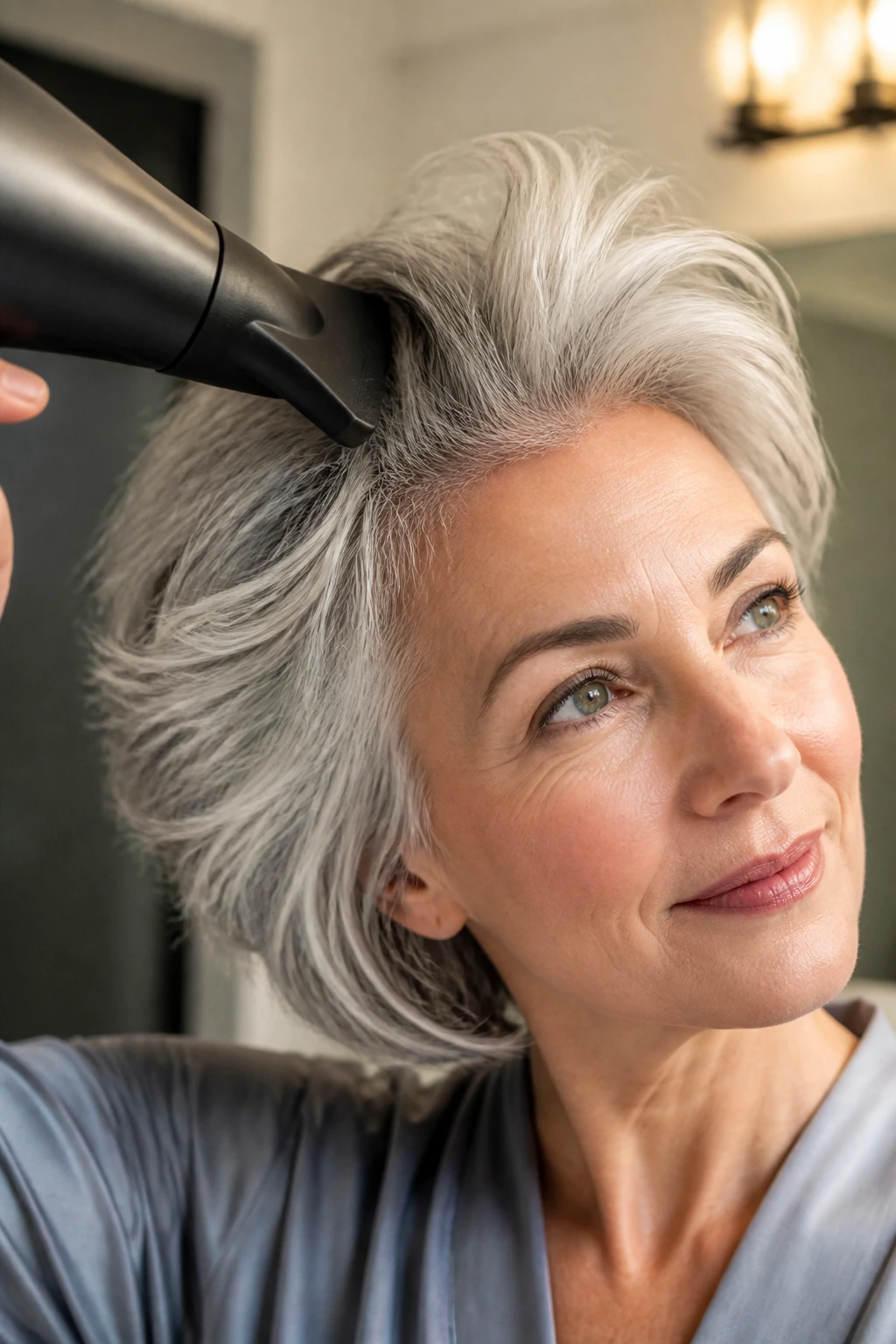 Close-up of a real woman with gray hair being styled with a hairdryer at the roots