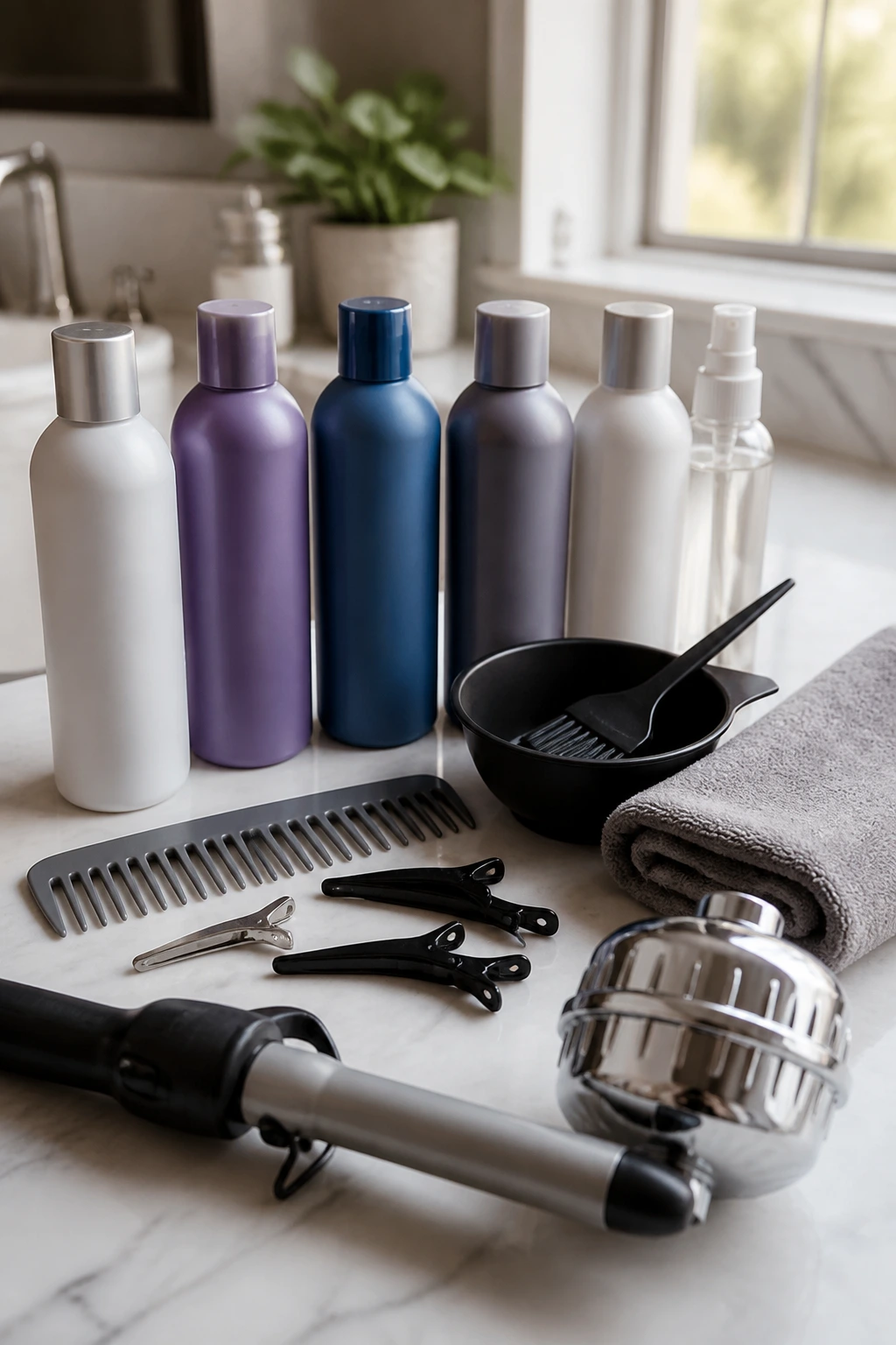 Close-up of essential gray hair maintenance tools on a bathroom counter, organized neatly
