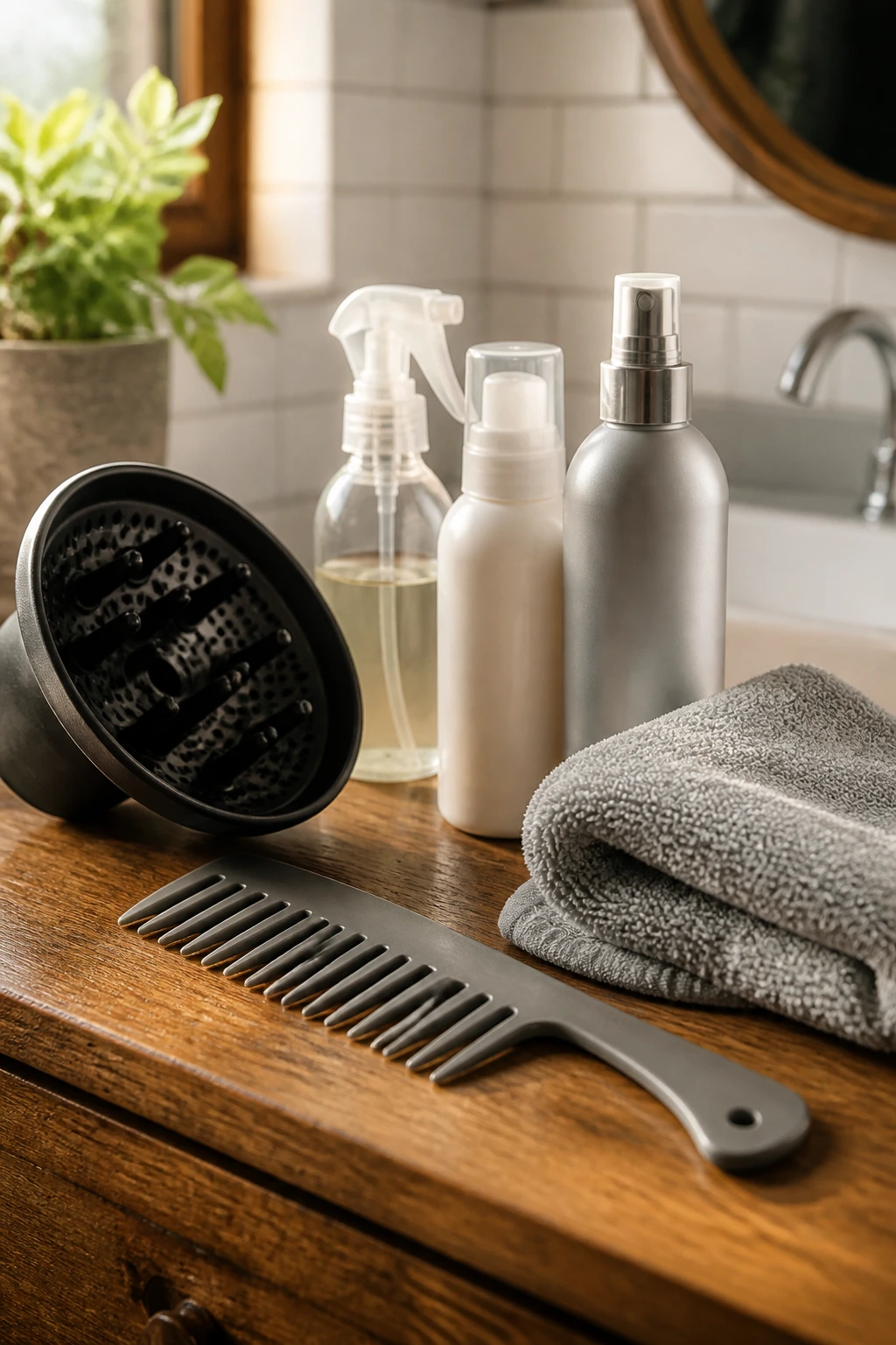 Close-up of essential styling tools for gray wavy hair on a vanity