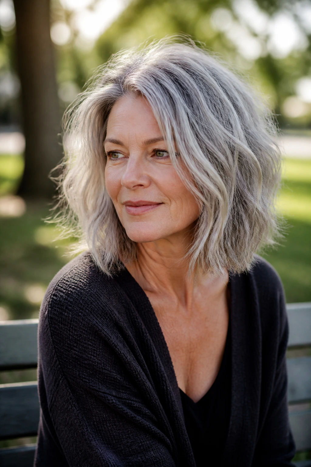 Real person with shoulder-length tousled gray lob and choppy ends in sunlight