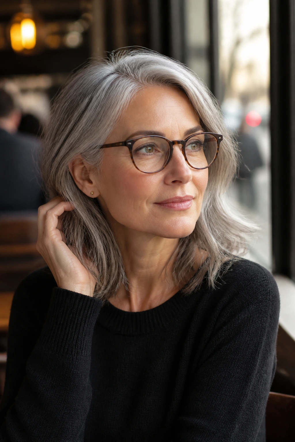 Close-up of a real woman with tousled gray shoulder-length hair by a sunlit window