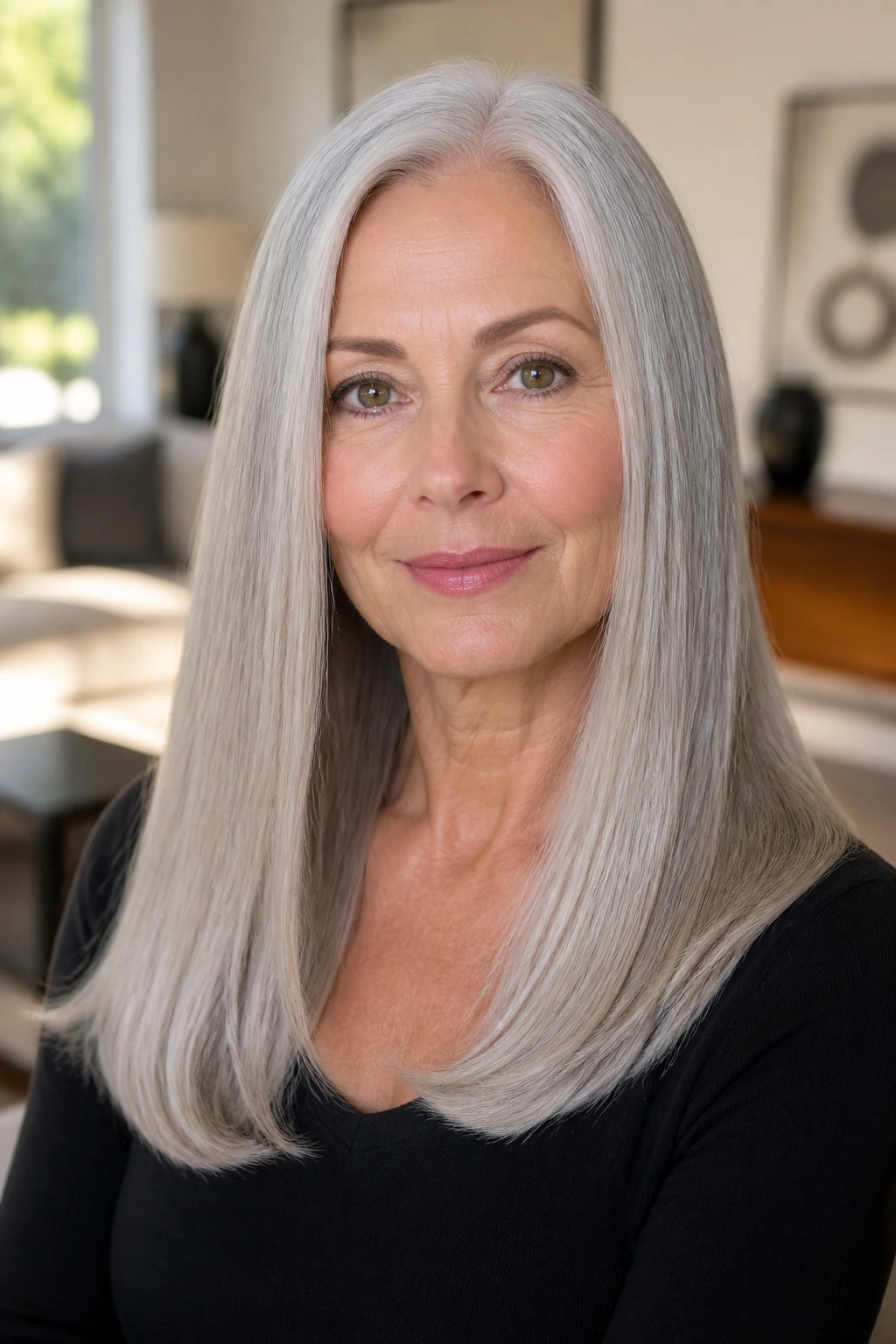 Close-up of a real woman with long straight gray hair and tucked-under ends in bright living room light