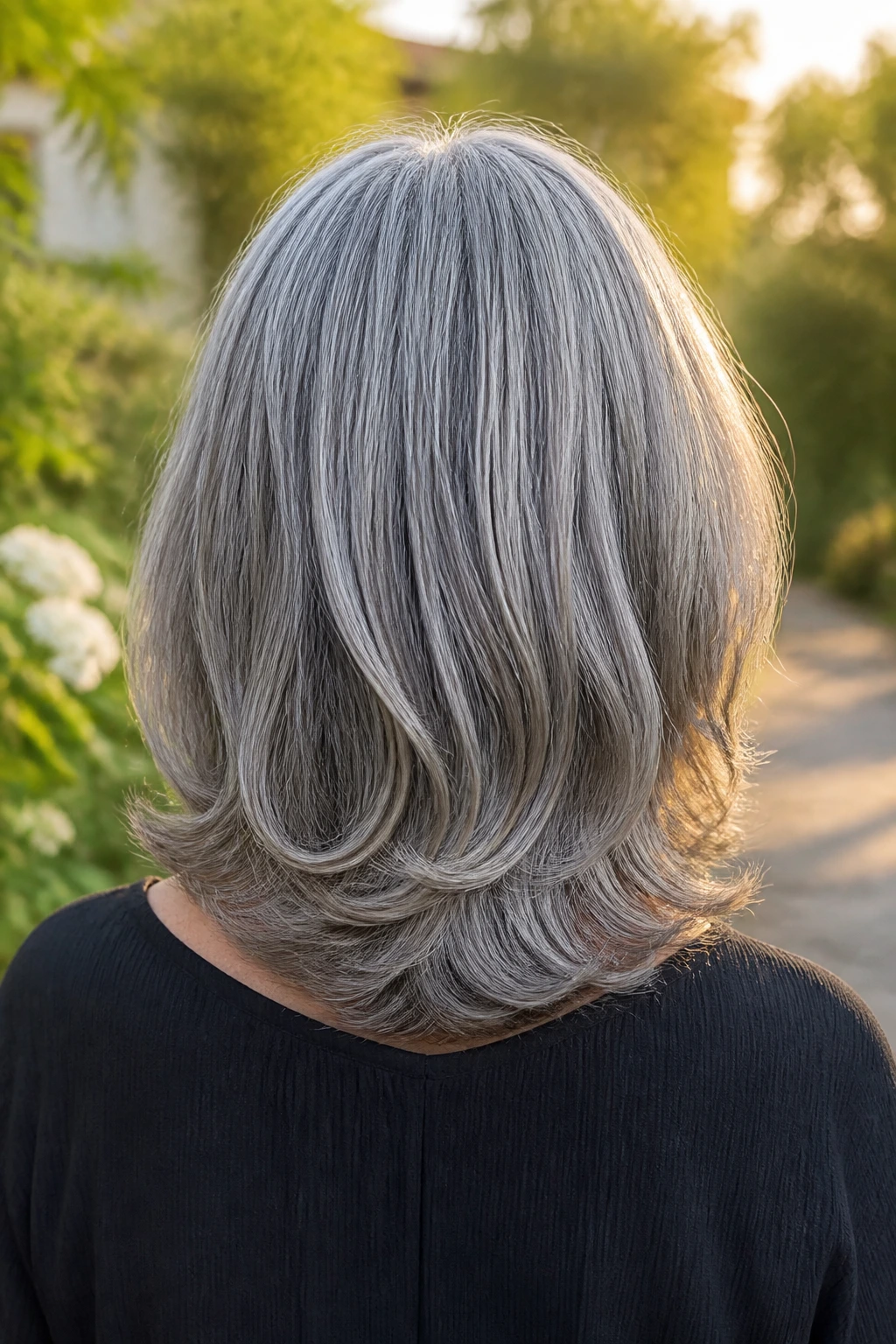 Back-of-head view showing a rounded U-shaped mid-length cut in gray hair