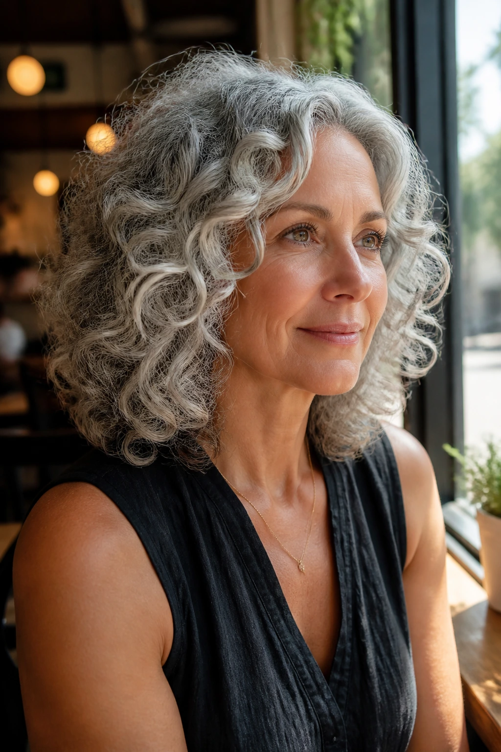 Medium-close portrait of a gray-haired woman with a U-shaped mid-length cut in a sunny cafe