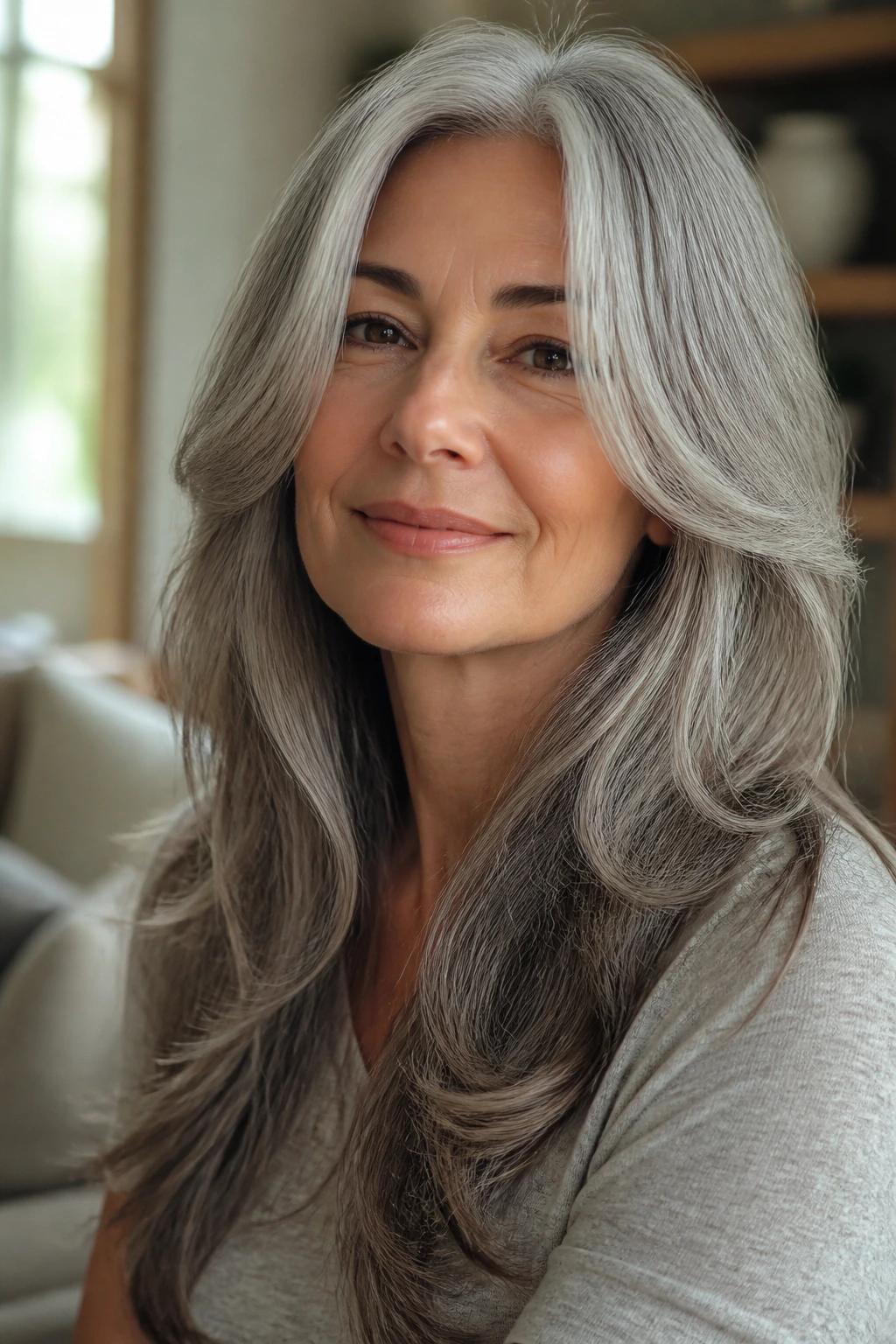 Real woman with long gray hair styled in soft layers and waves