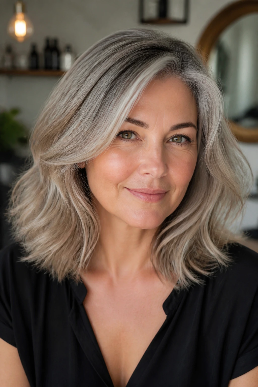 Portrait of gray hair variation with shadow root and balayage