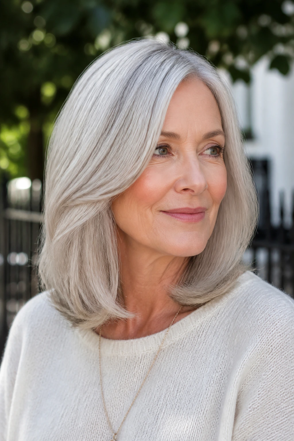 Portrait of a real person with Champagne Silver gray hair, glossy and softly bent