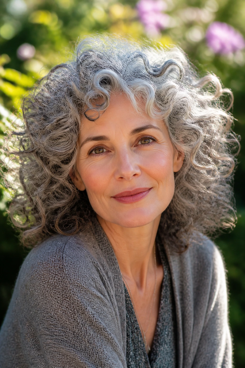 Portrait of a woman with curly gray hair forming a halo.