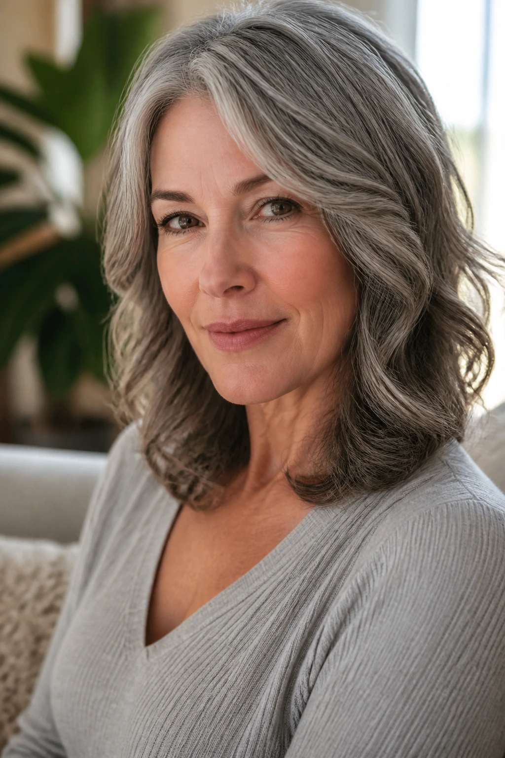 Close-up of a gray-haired woman showing ash gloss and soft curls in a sunlit room