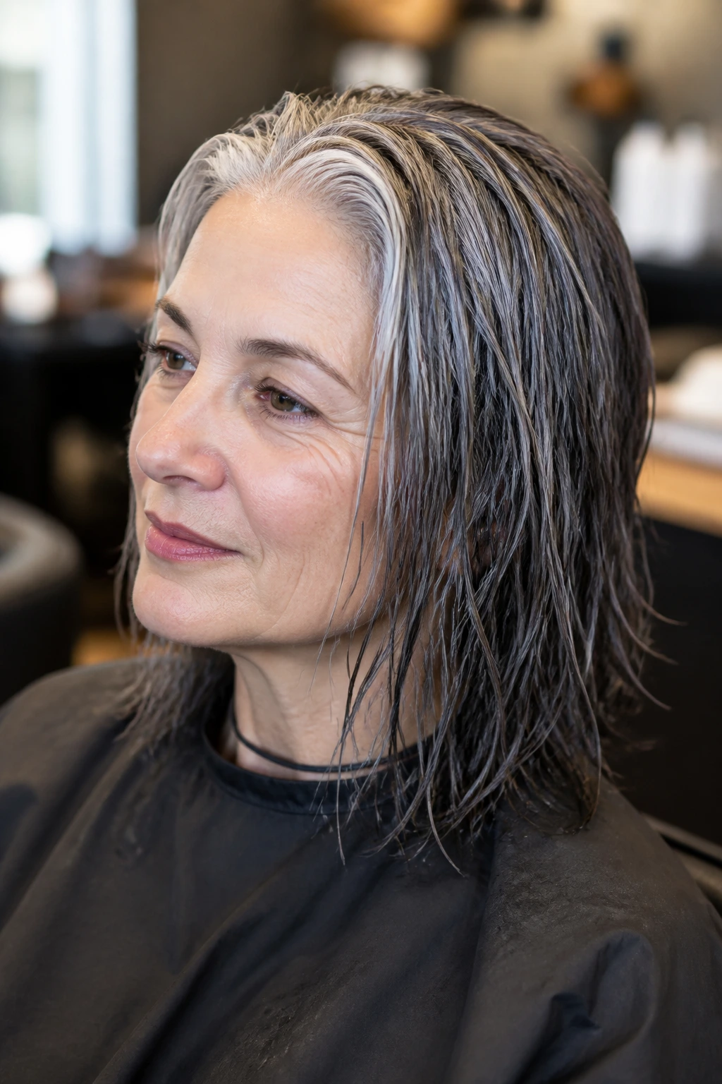 Close-up portrait of a real person with shoulder-length gray hair during a salon washing and toning session.