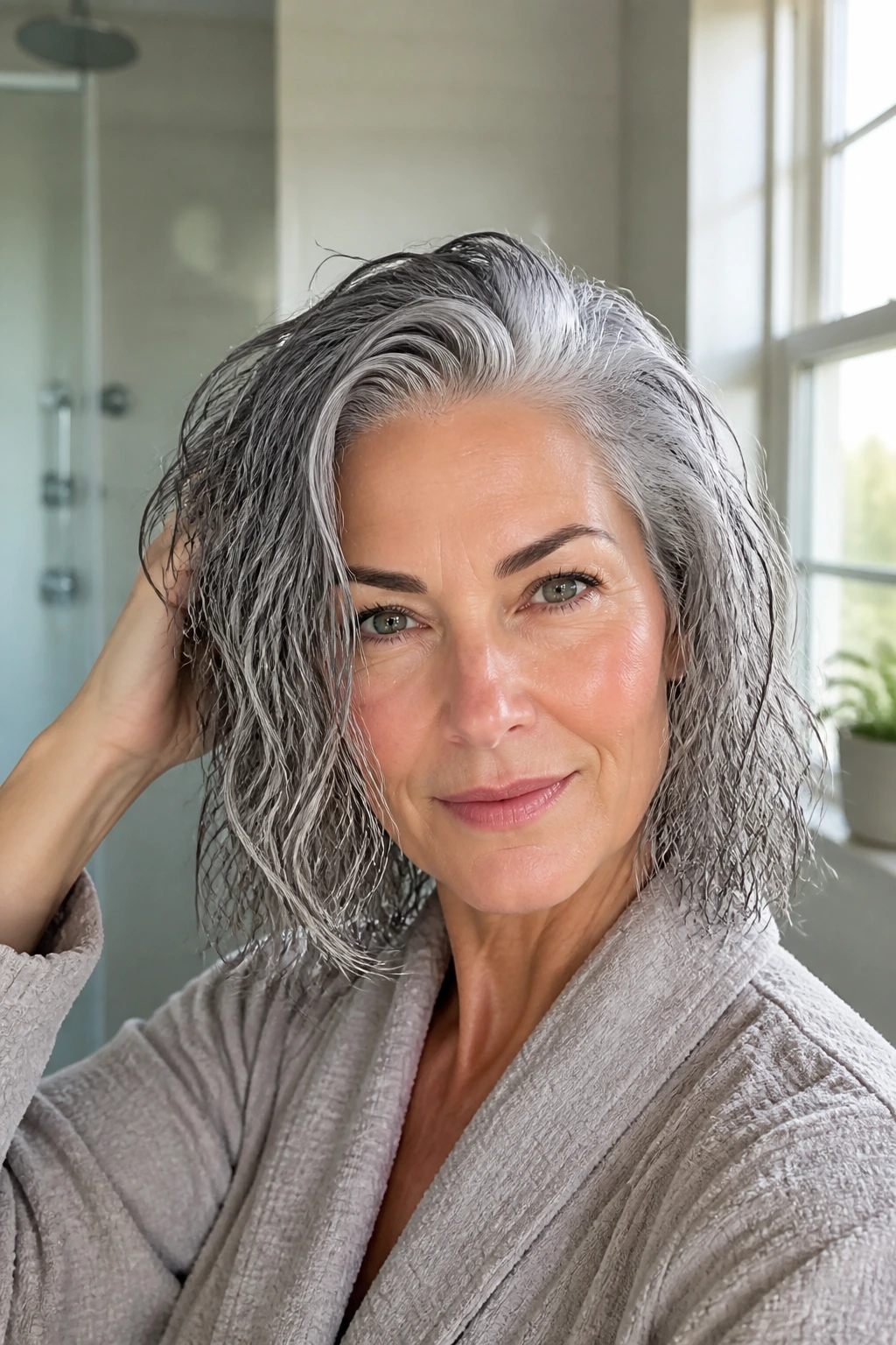 Close-up of a real woman with thick gray hair in a bright bathroom