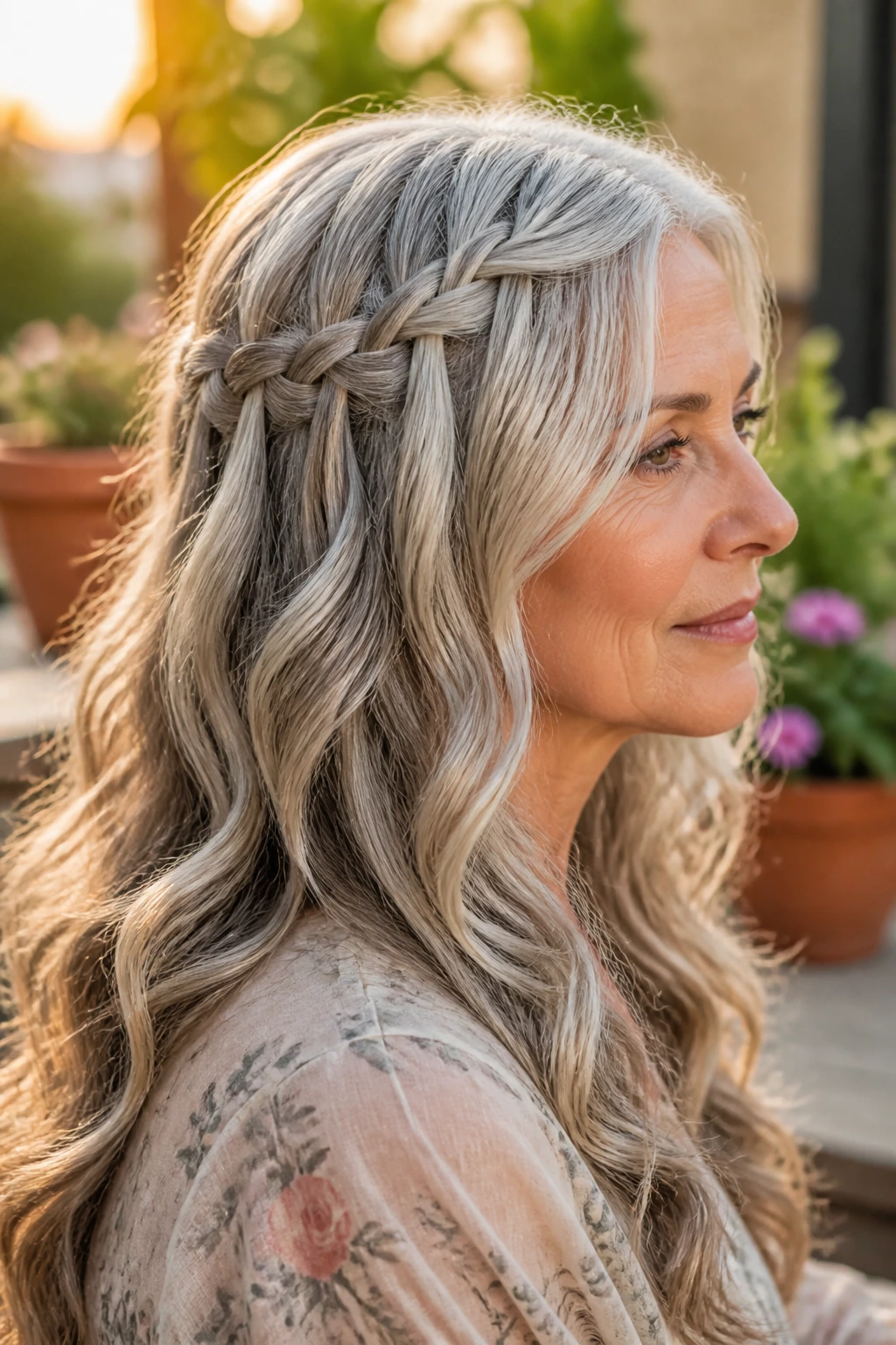 Real woman with waterfall braid over soft waves in gray hair outdoors