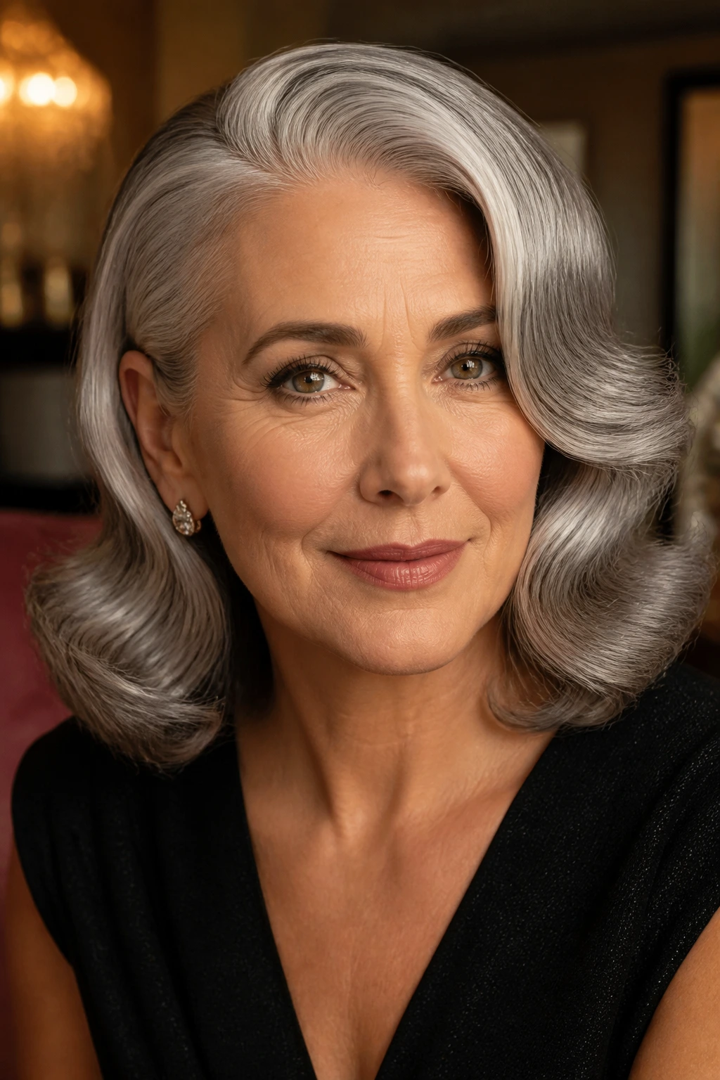Close-up of a real person with medium-length gray hair in a deep side-part and old-Hollywood wave.