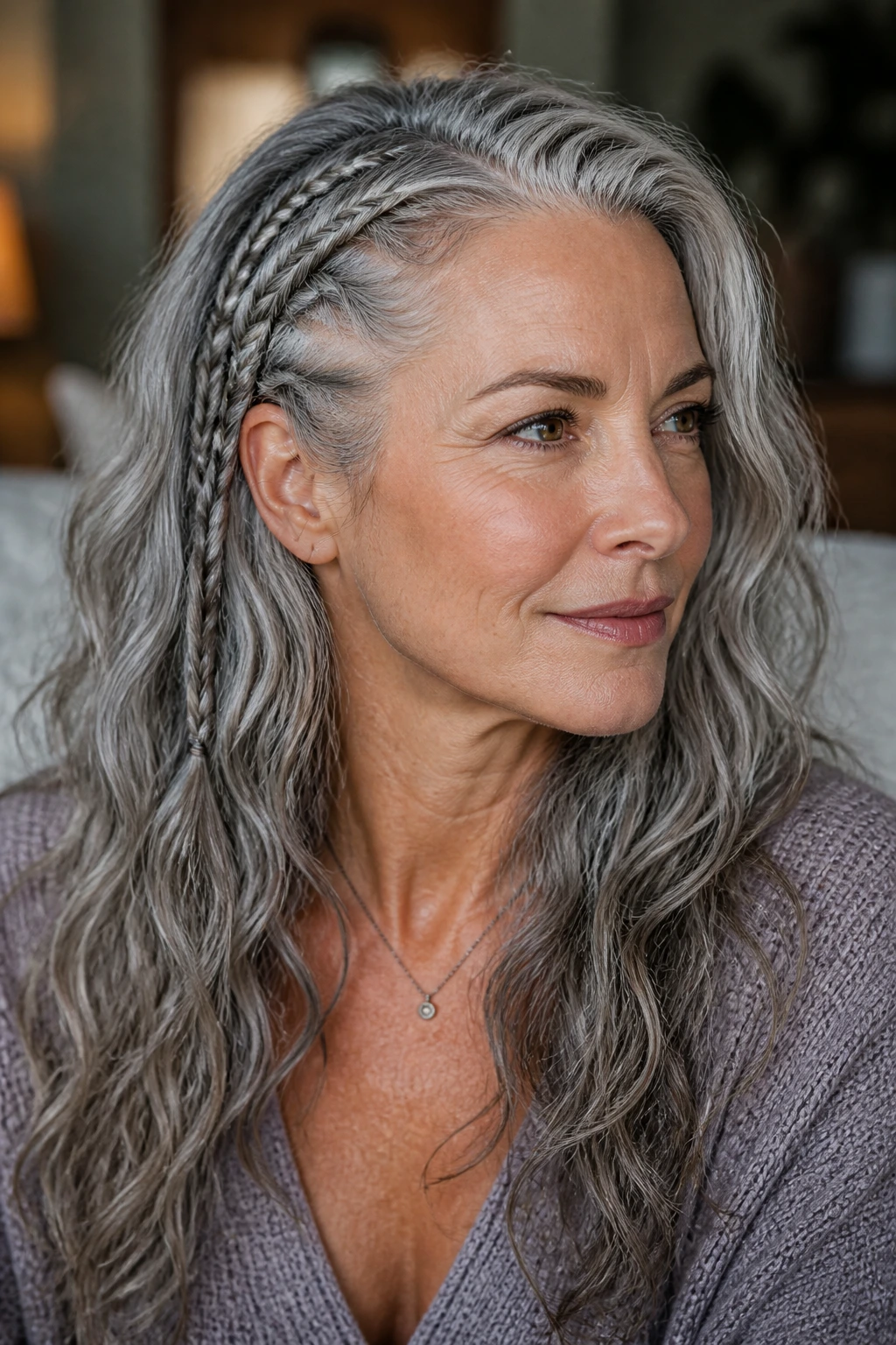 Close-up of a real woman with gray waves and micro-braids at the temples