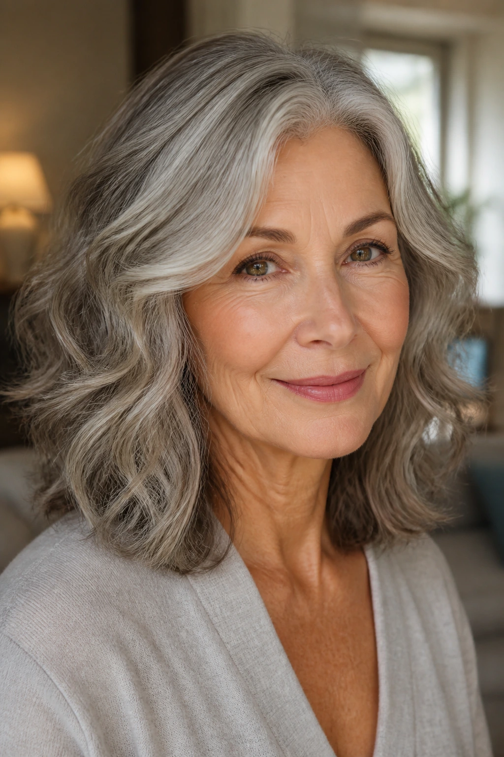 Close-up of a real woman with brushed-out waves on medium-length gray hair