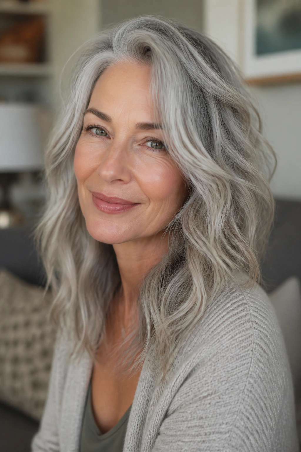 Close-up portrait of a real woman with gray wavy hair showing soft movement