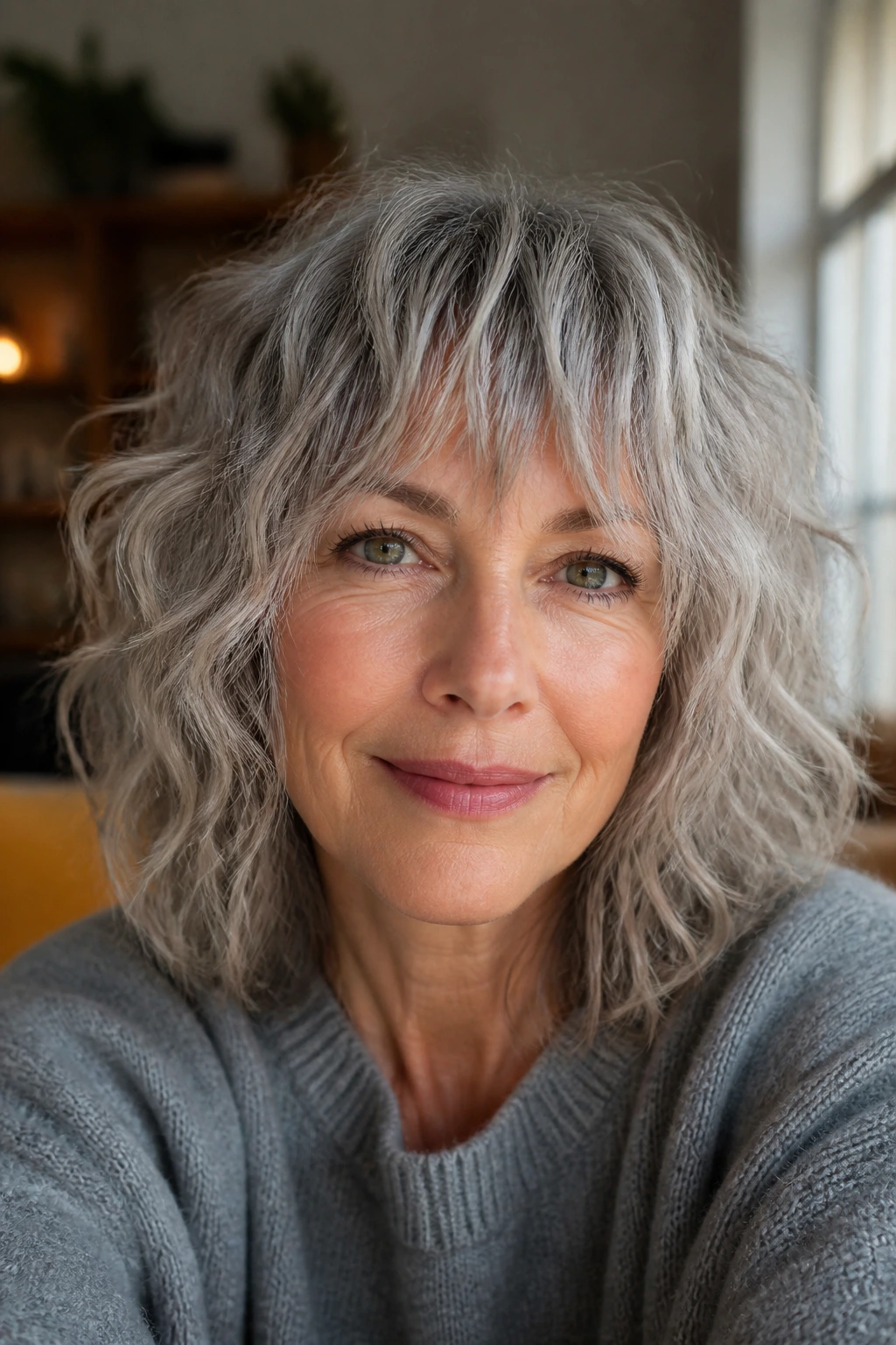 Close-up of a real woman with wavy gray hair and choppy fringe in natural window light