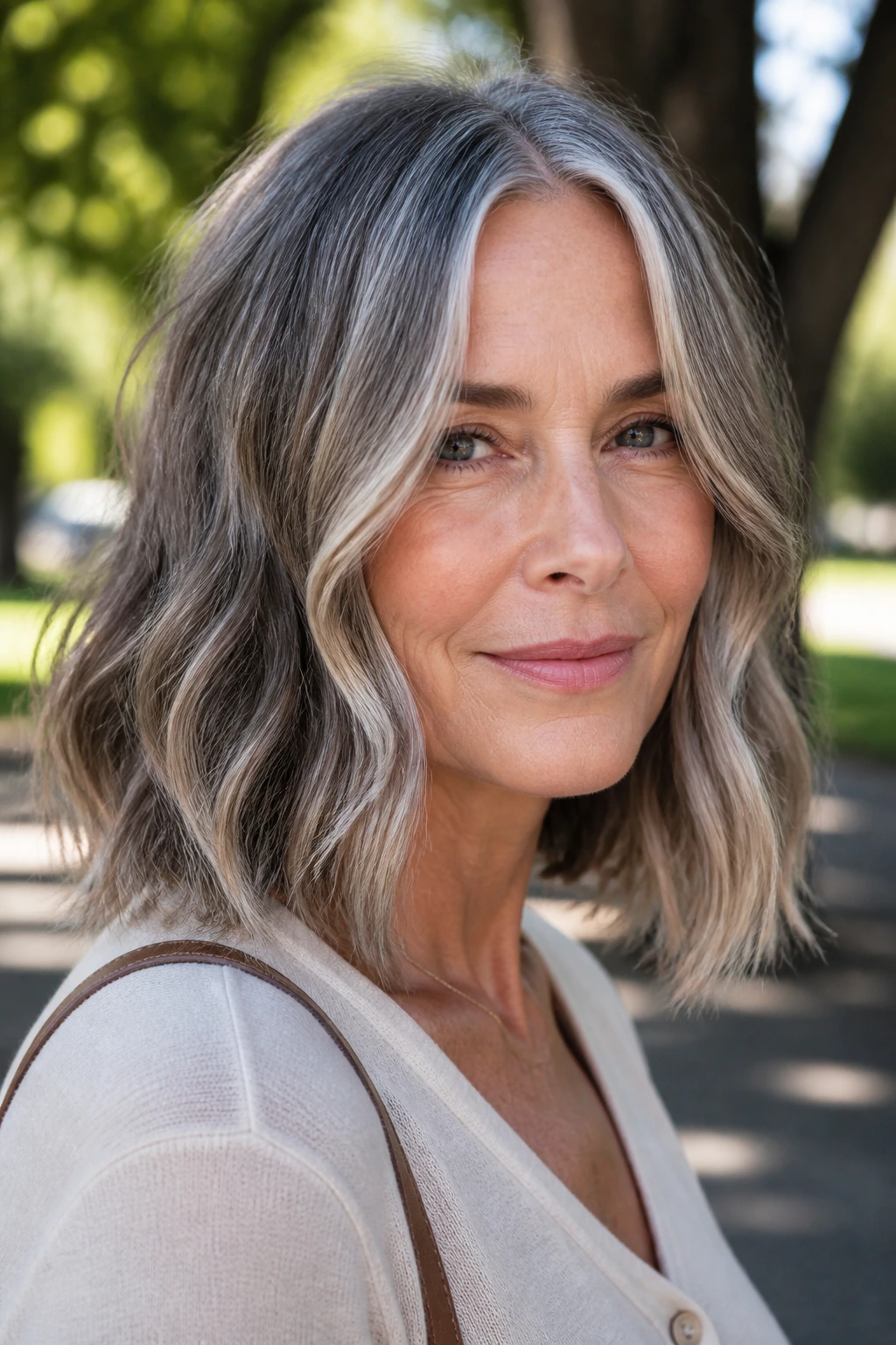 Close-up of a woman with a wavy lob and face-framing pieces in gray hair outdoors