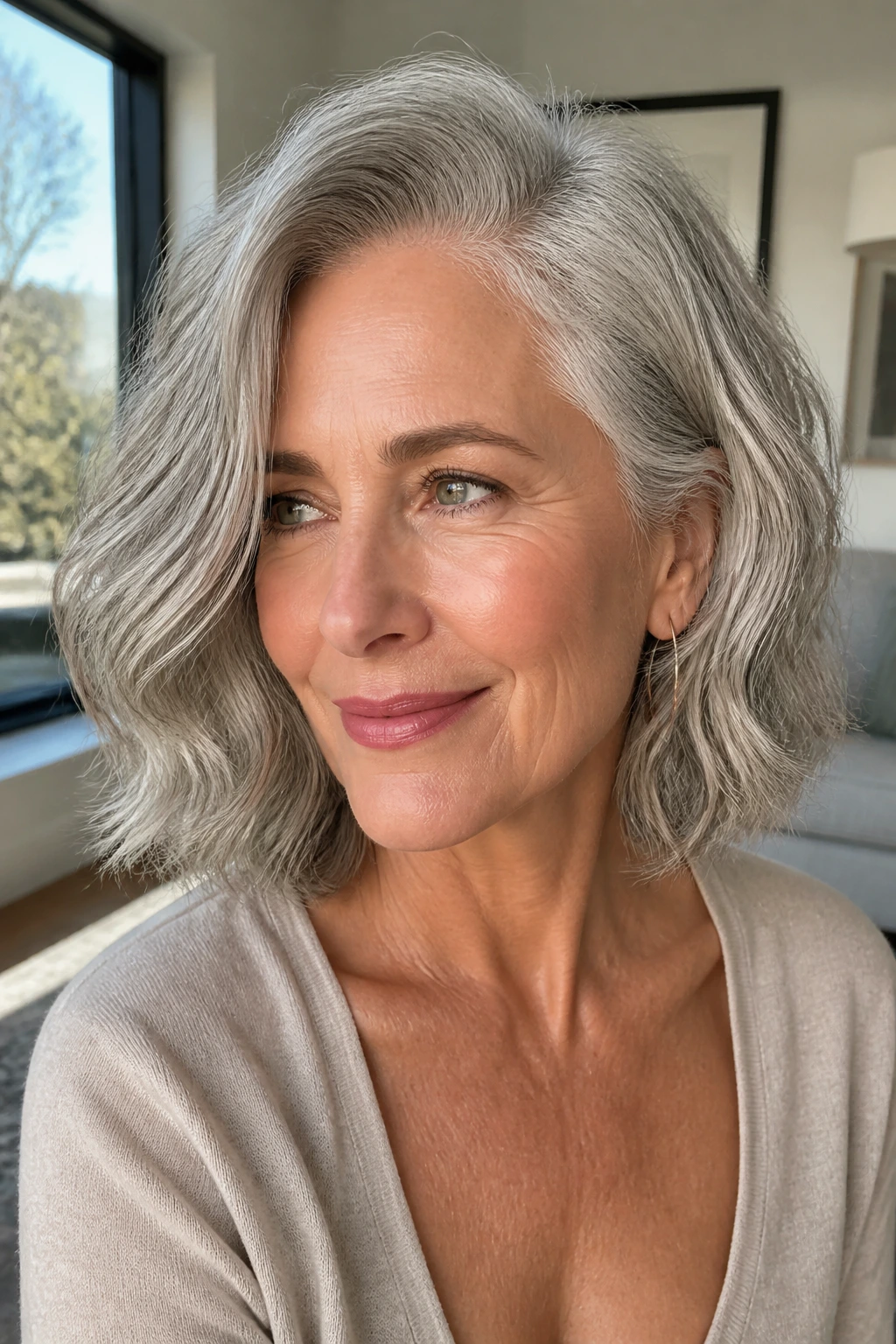 Close-up of a woman with Wavy Lob and Deep Side Part in a sunlit living room.