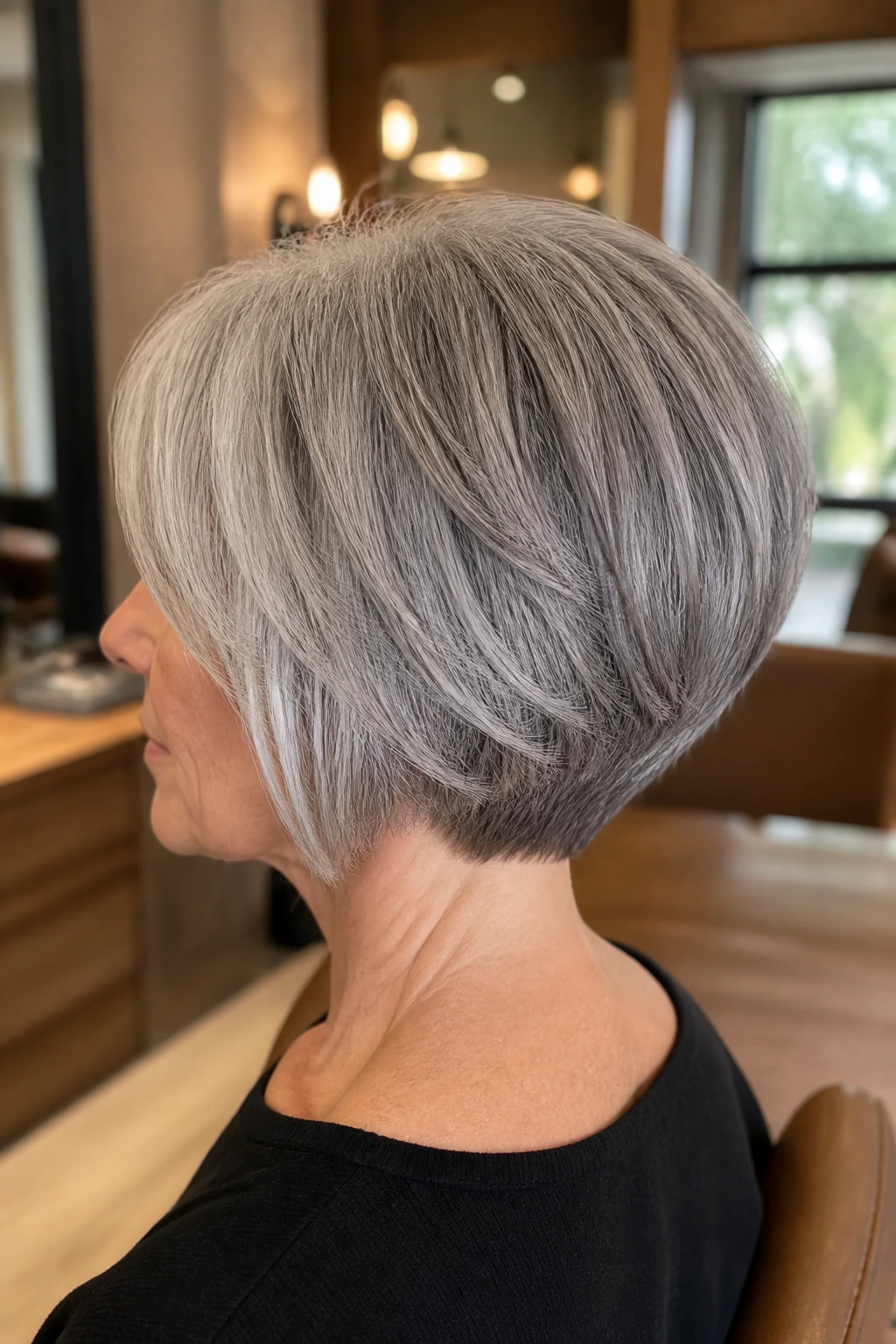 Real woman showing graduated wedge cut in gray hair