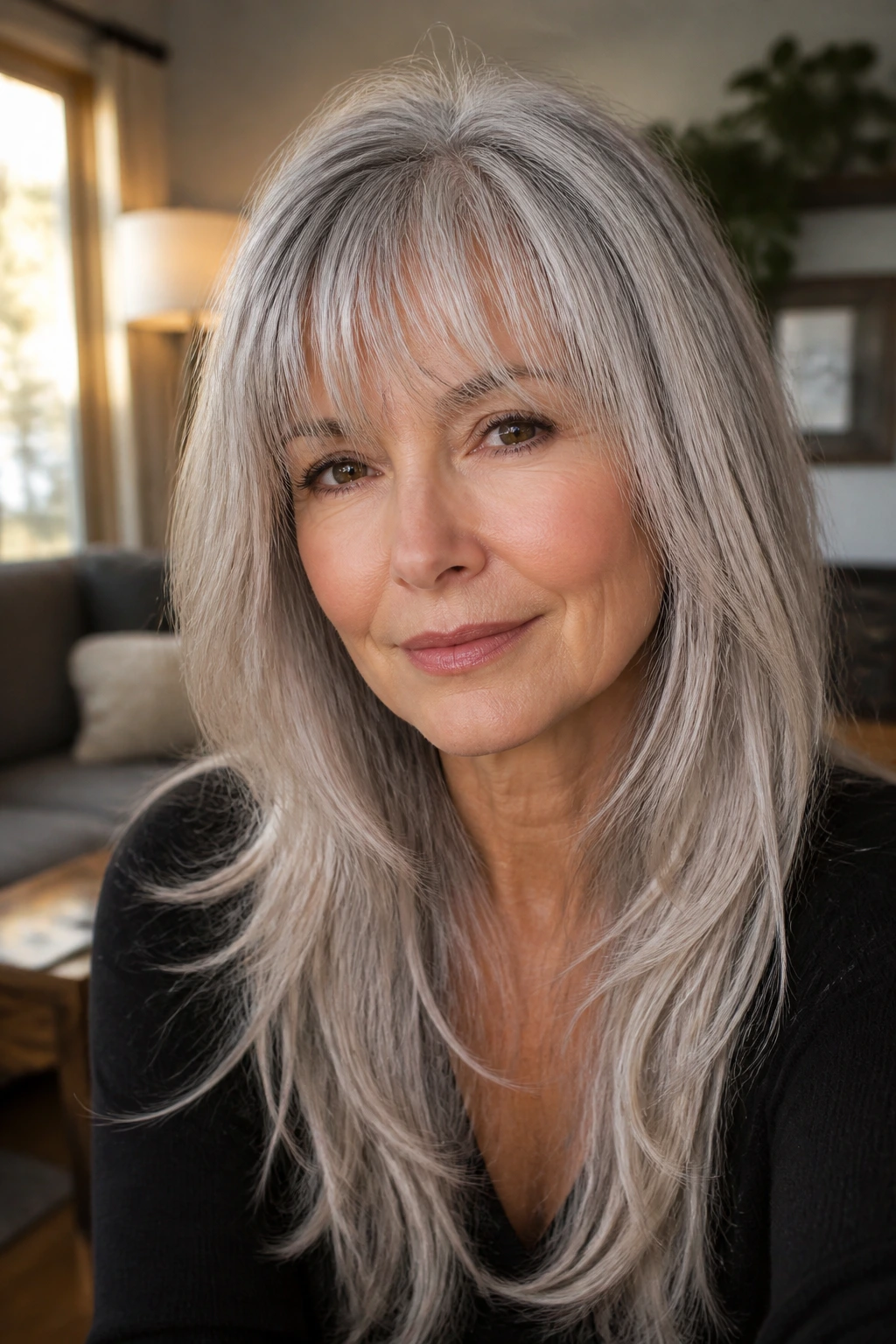 Close-up of a real woman with silver layered hair and wispy bangs