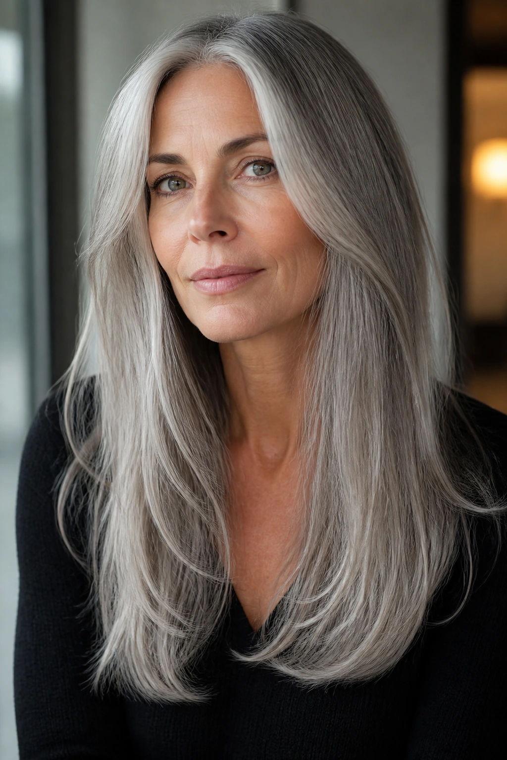 Close-up of a woman with long straight gray hair and wispy ends
