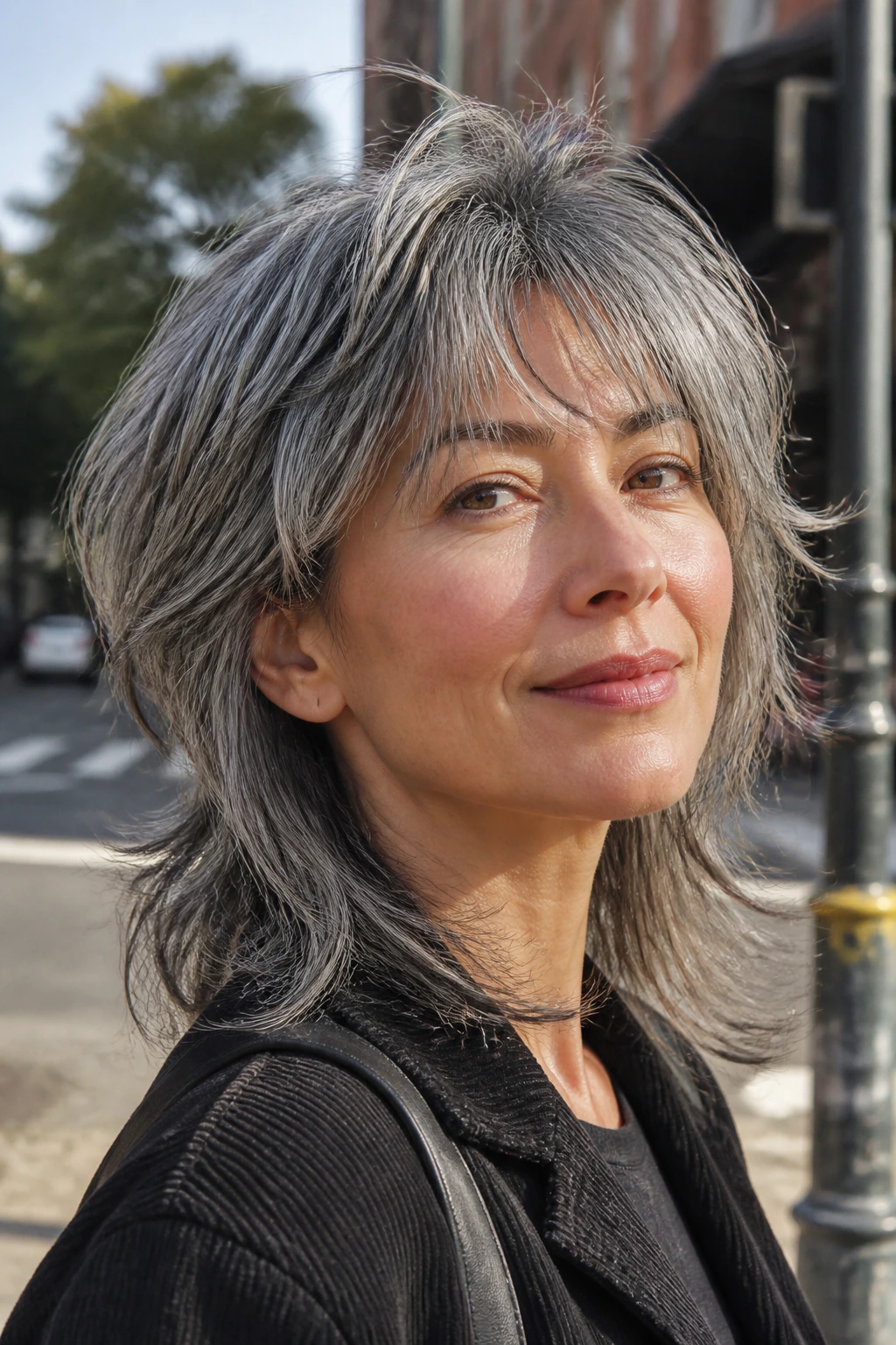 Close-up portrait of a real woman with a wolf cut lite in gray
