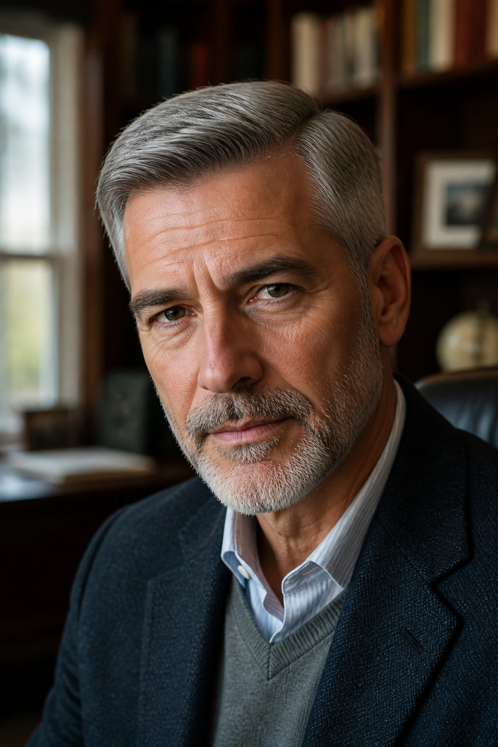 Portrait of a man with gray Ivy League haircut.
