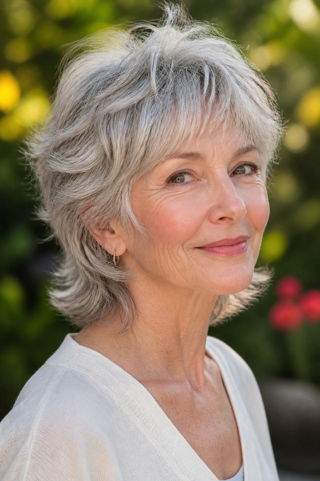 Real woman with natural gray halo mullet and curved layers in a garden setting