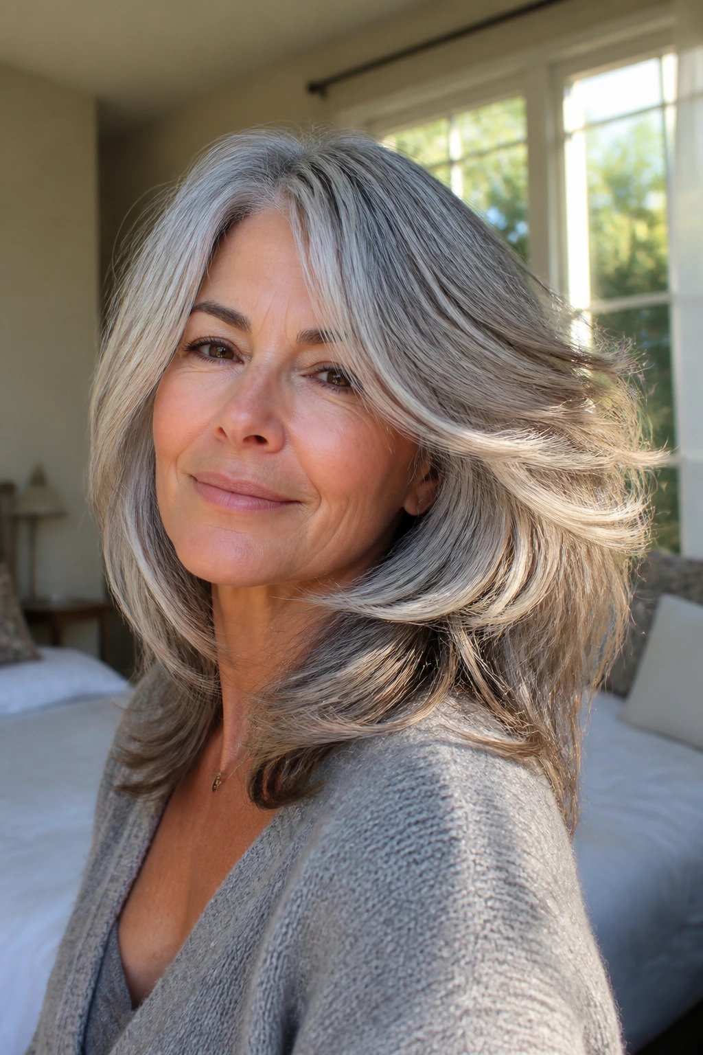 Close-up of real woman with layered gray blowout in sunlit room