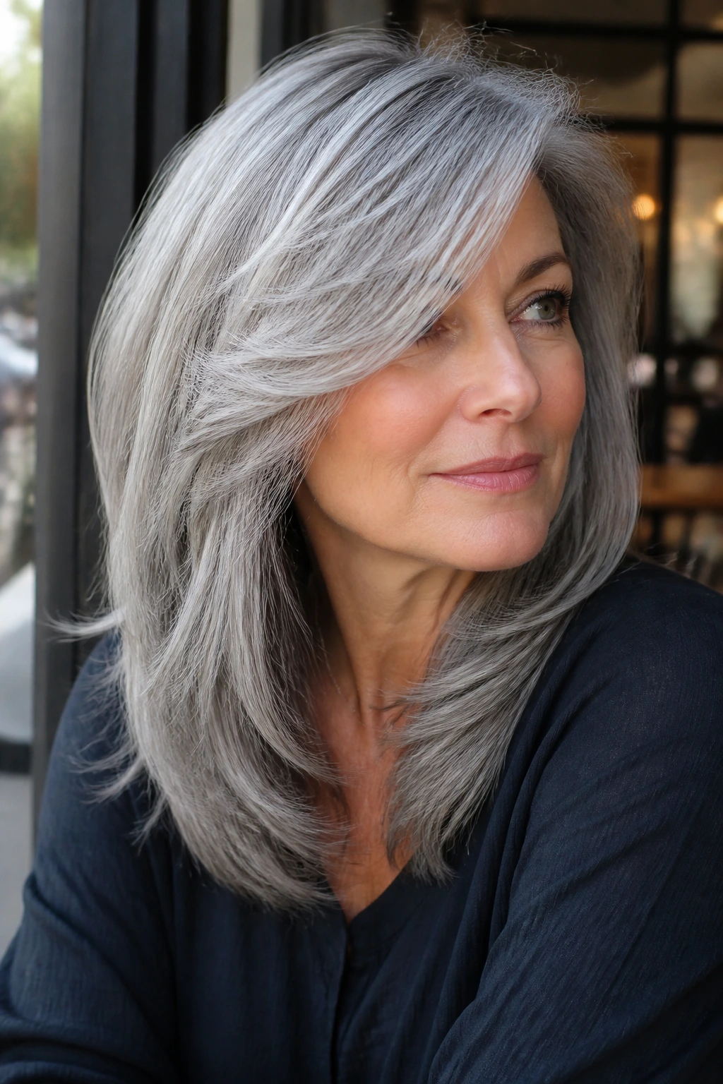 Close-up of a real woman with side-swept gray layered hair
