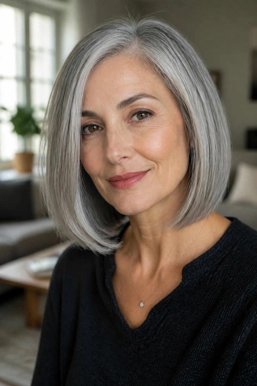 Close-up of a real woman with a silver-gray lob haircut.