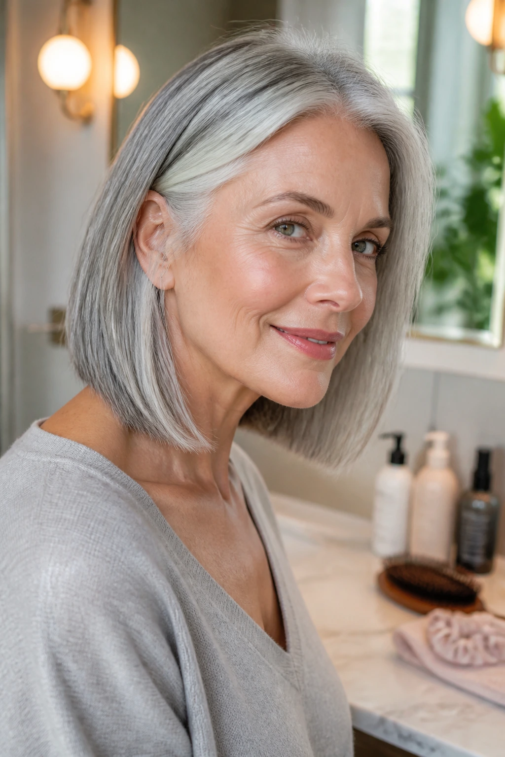 Portrait of a real woman with a blunt gray lob in a cozy bathroom vanity