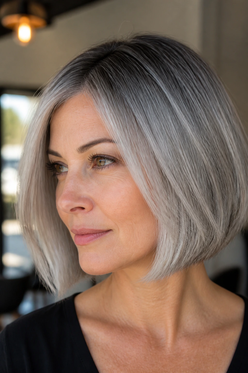 Close-up portrait of a real person with a blended gray lob and root shadow